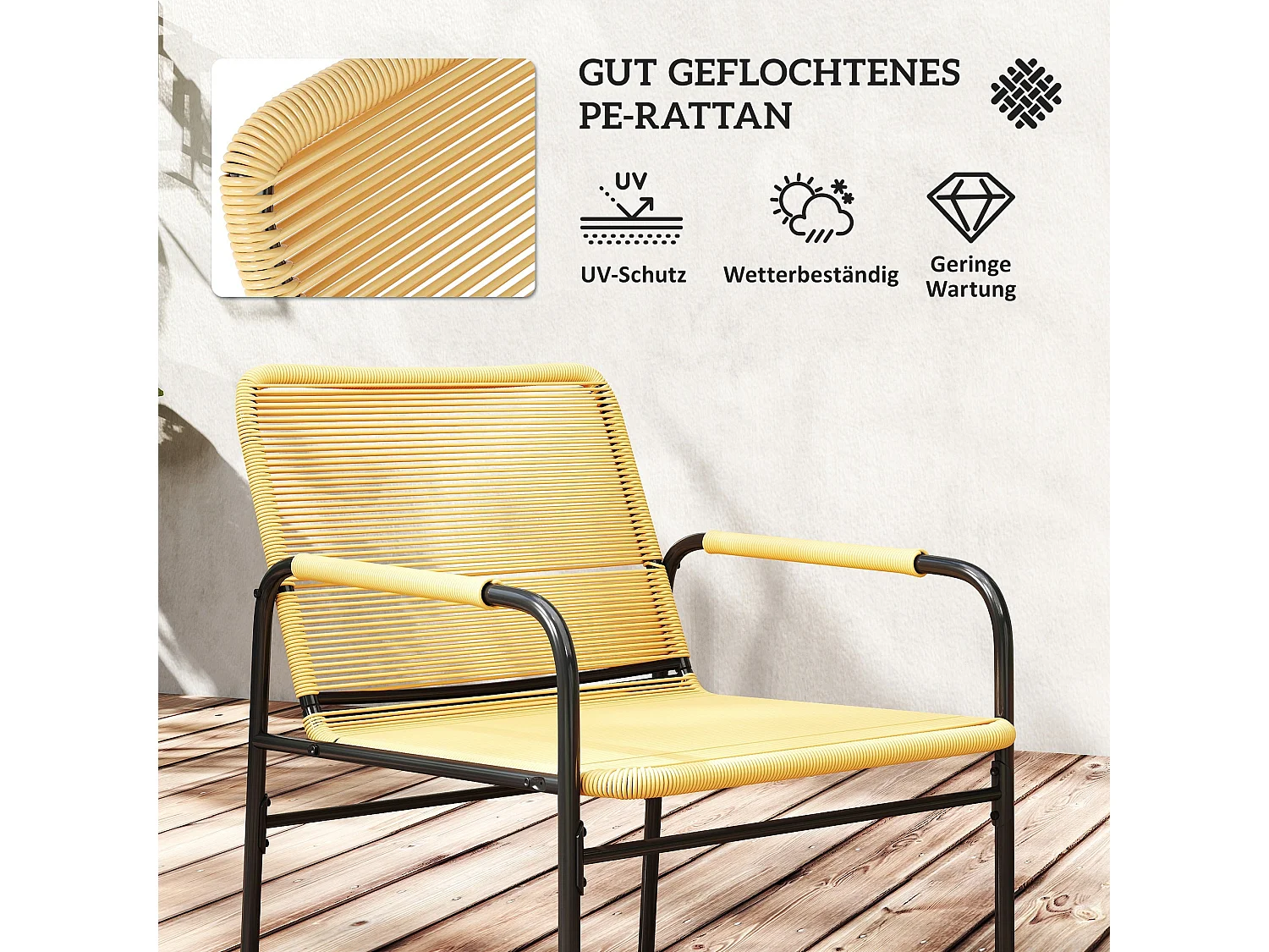 Salon De Jardin 3 Pièces En Rotin – 2 Chaises + Table Basse, Jaune