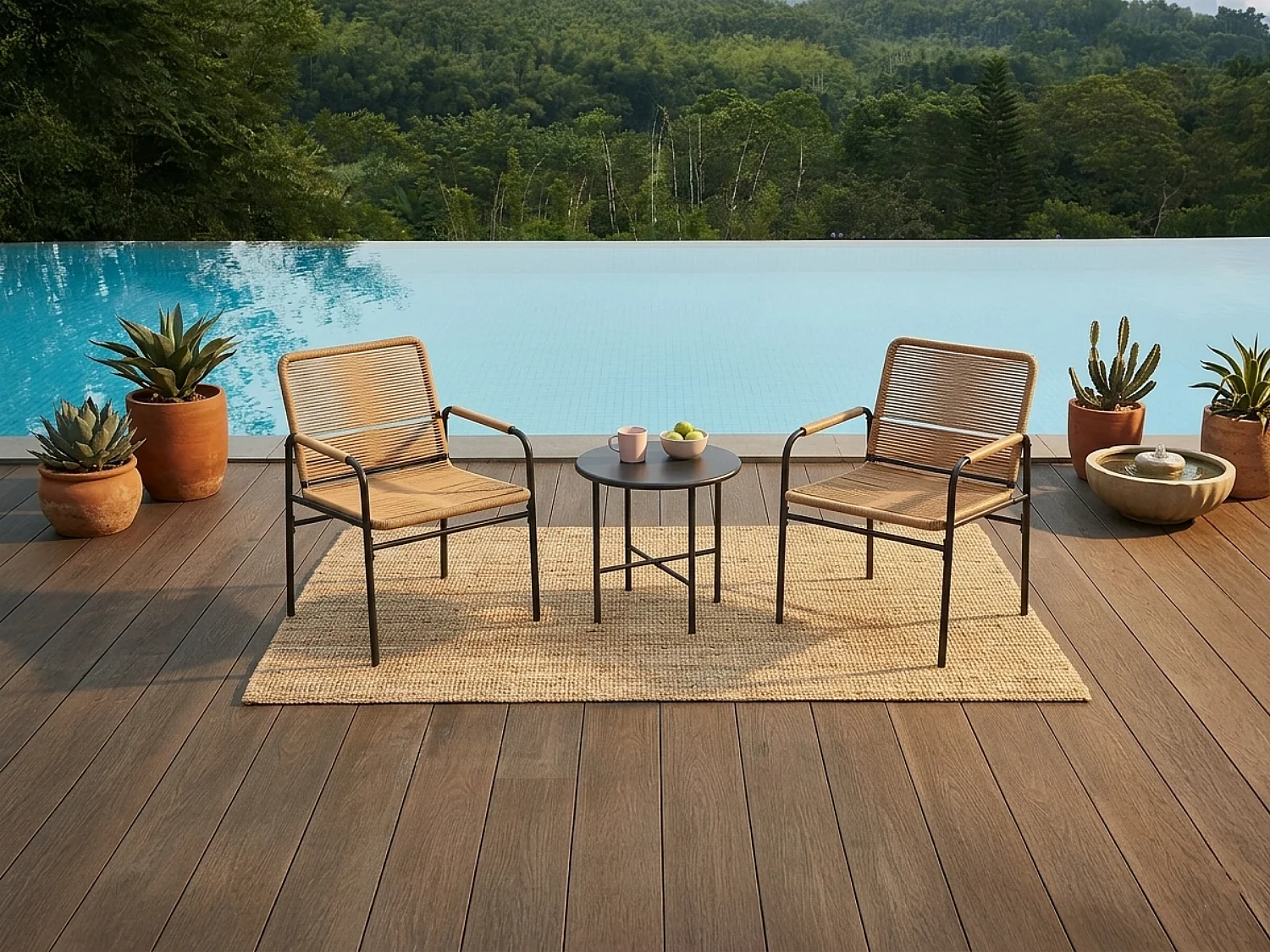 Salon De Jardin 3 Pièces En Rotin – 2 Chaises + Table Basse, Jaune