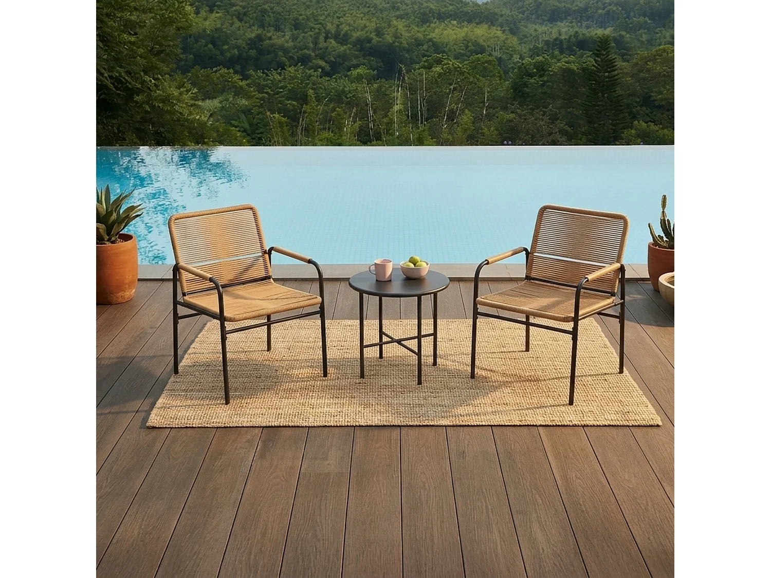 Salon De Jardin 3 Pièces En Rotin – 2 Chaises + Table Basse, Jaune