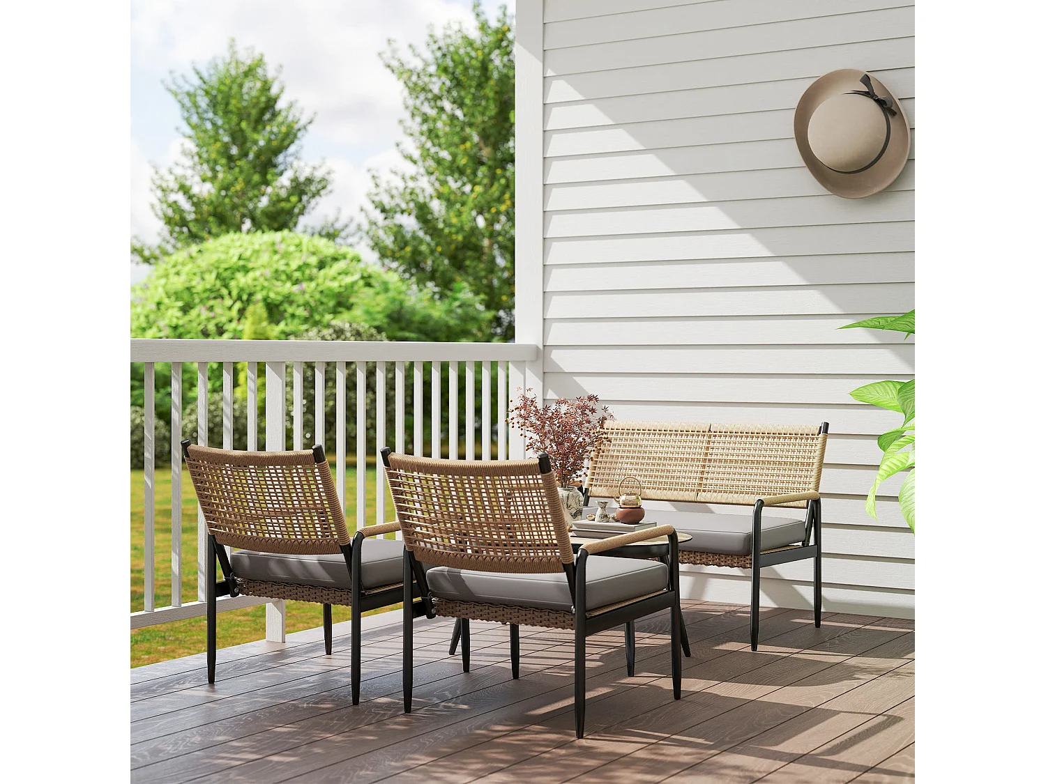Salon De Jardin En Polyrotin Avec Canapé 2 Places, Fauteuils, Table En Verre Et Coussins Pour 4 Personnes – Gris Foncé + Jaune