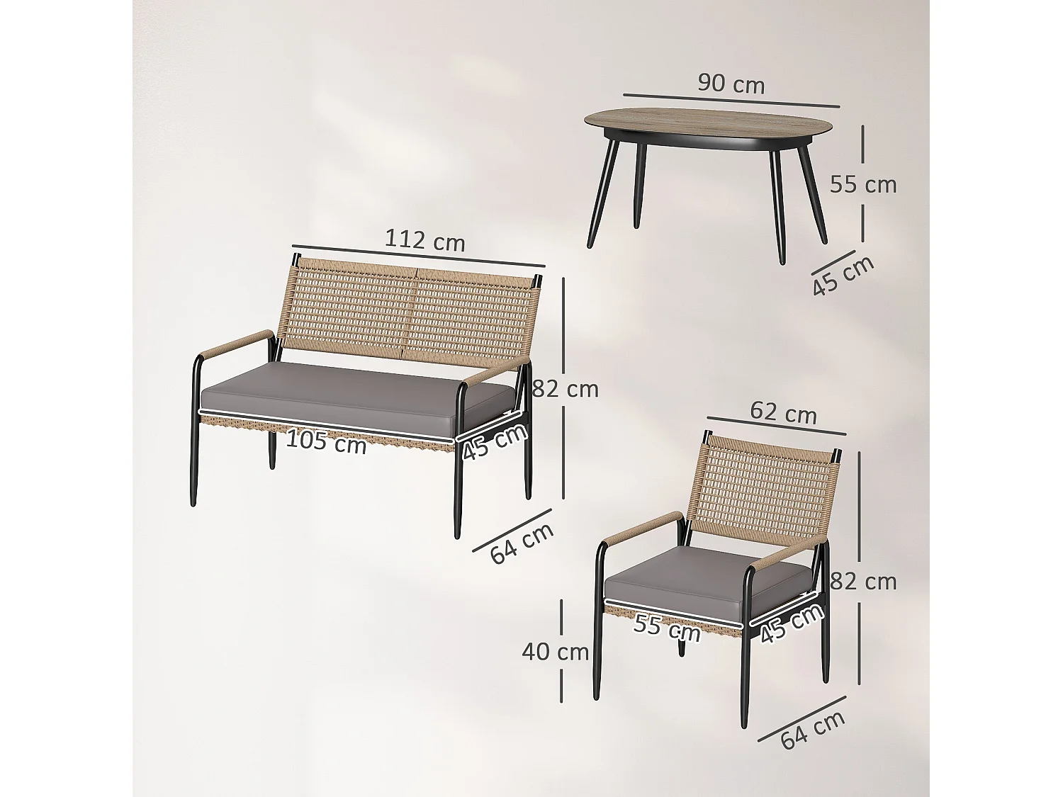Salon De Jardin En Polyrotin Avec Canapé 2 Places, Fauteuils, Table En Verre Et Coussins Pour 4 Personnes – Gris Foncé + Jaune