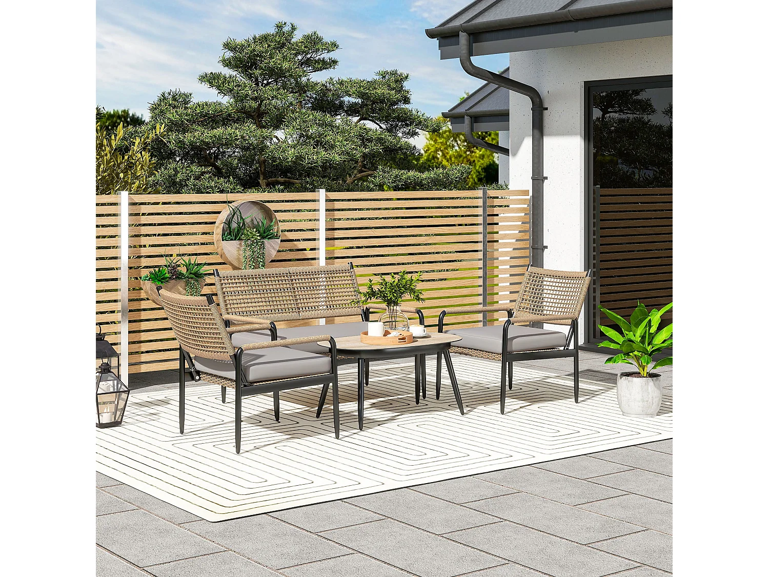 Salon De Jardin En Polyrotin Avec Canapé 2 Places, Fauteuils, Table En Verre Et Coussins Pour 4 Personnes – Gris Foncé + Jaune