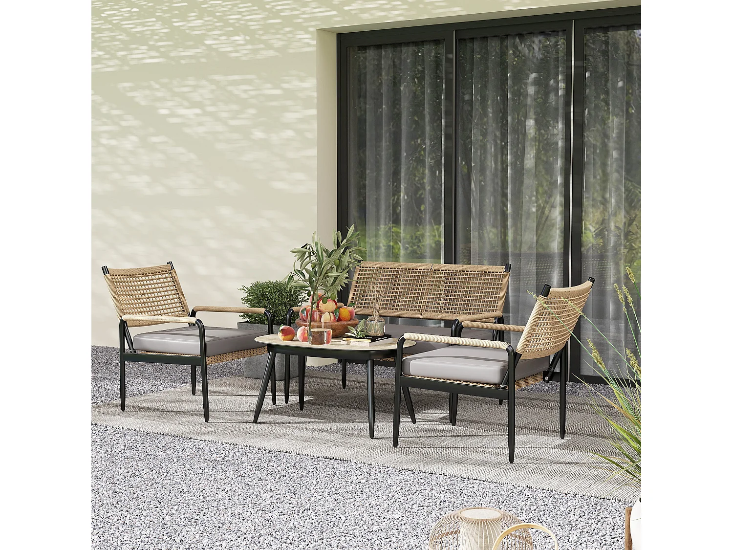 Salon De Jardin En Polyrotin Avec Canapé 2 Places, Fauteuils, Table En Verre Et Coussins Pour 4 Personnes – Gris Foncé + Jaune