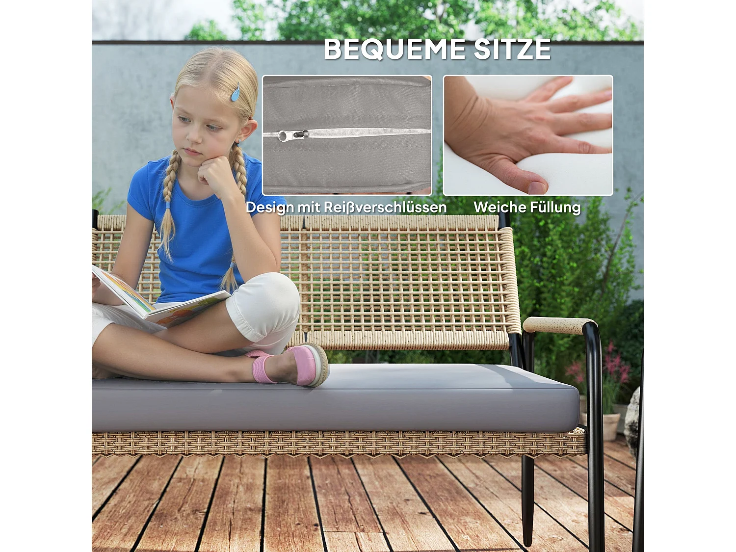 Salon De Jardin En Polyrotin Avec Canapé 2 Places, Fauteuils, Table En Verre Et Coussins Pour 4 Personnes – Gris Foncé + Jaune