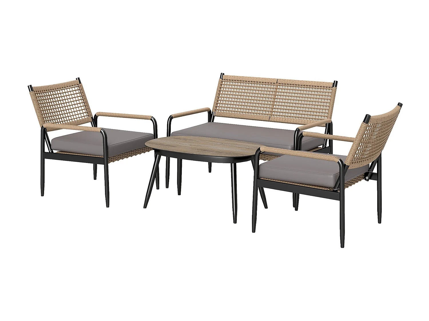 Salon De Jardin En Polyrotin Avec Canapé 2 Places, Fauteuils, Table En Verre Et Coussins Pour 4 Personnes – Gris Foncé + Jaune