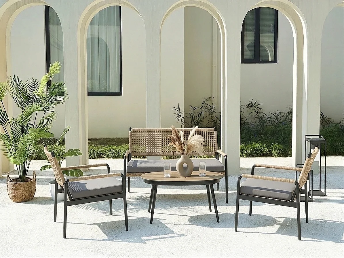 Salon De Jardin En Polyrotin Avec Canapé 2 Places, Fauteuils, Table En Verre Et Coussins Pour 4 Personnes – Gris Foncé + Jaune
