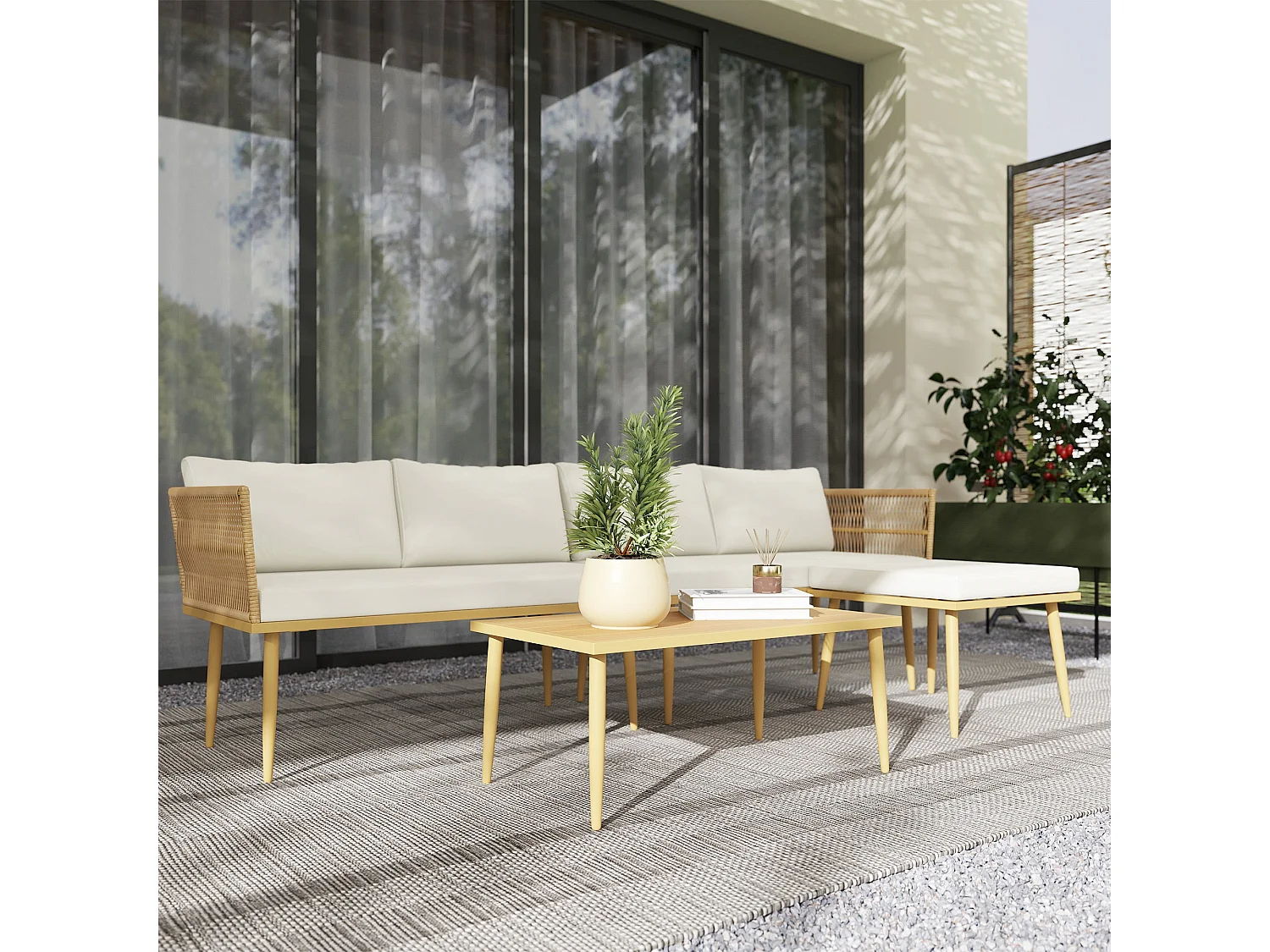Salon De Jardin Extérieur En Résine Tressée 5 Places Modulable – 2 Canapés, Pouf, Table Basse, Coussins Inclus, Crème