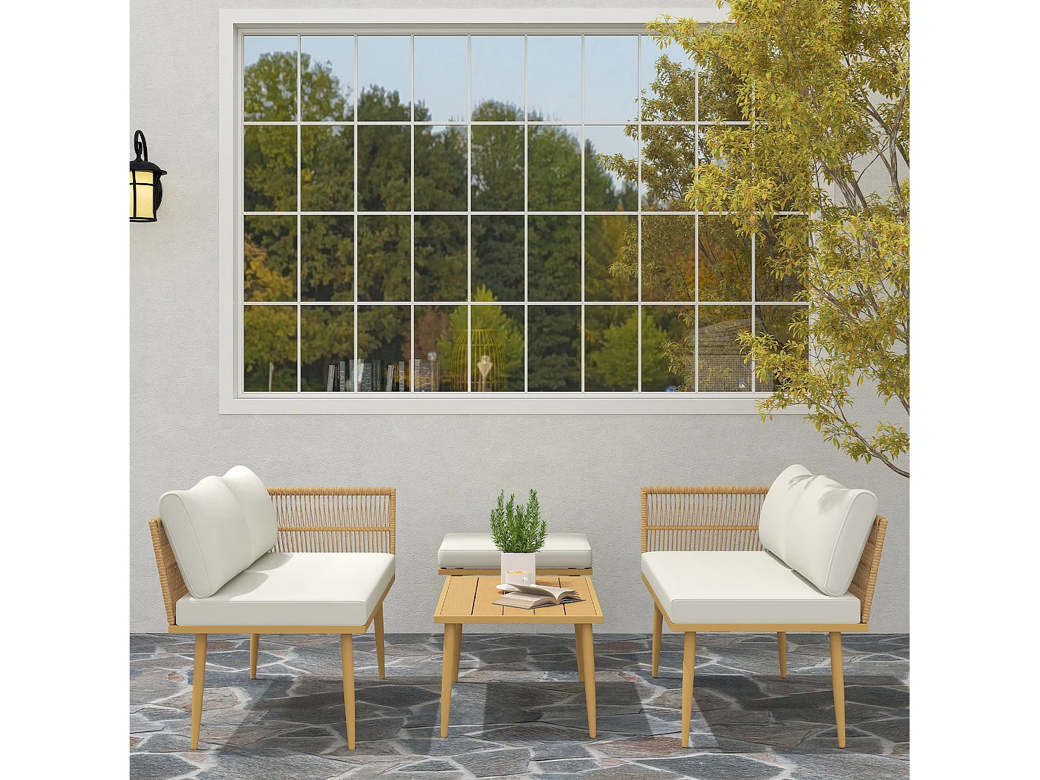 Salon De Jardin Extérieur En Résine Tressée 5 Places Modulable – 2 Canapés, Pouf, Table Basse, Coussins Inclus, Crème