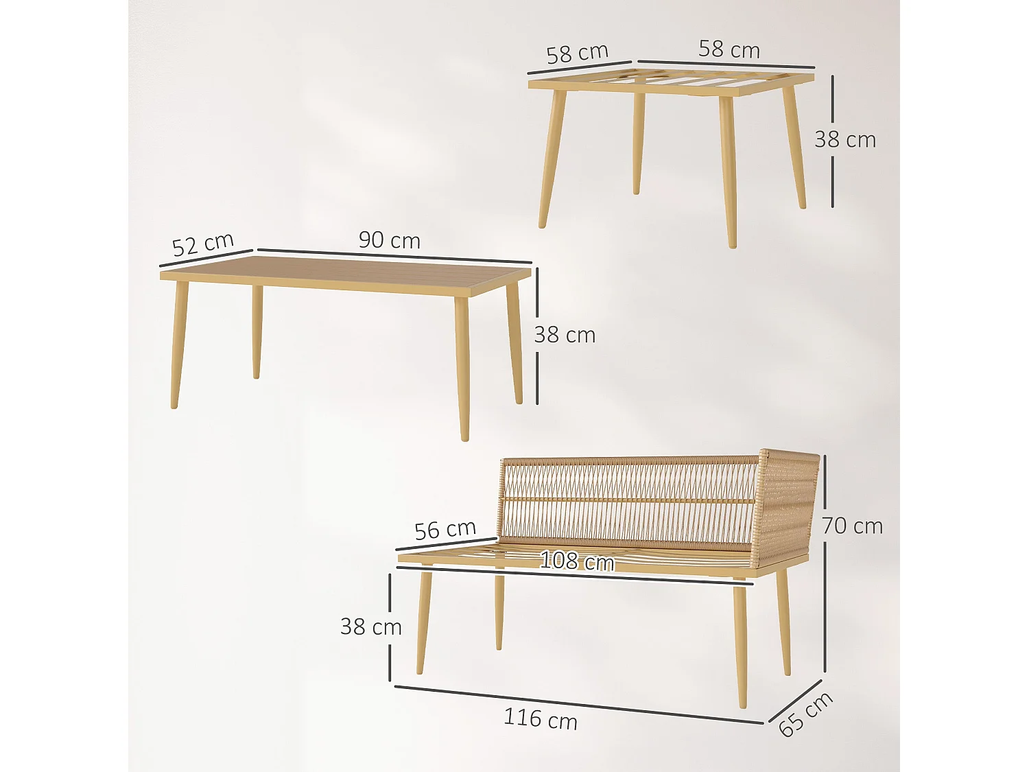 Salon De Jardin Extérieur En Résine Tressée 5 Places Modulable – 2 Canapés, Pouf, Table Basse, Coussins Inclus, Crème