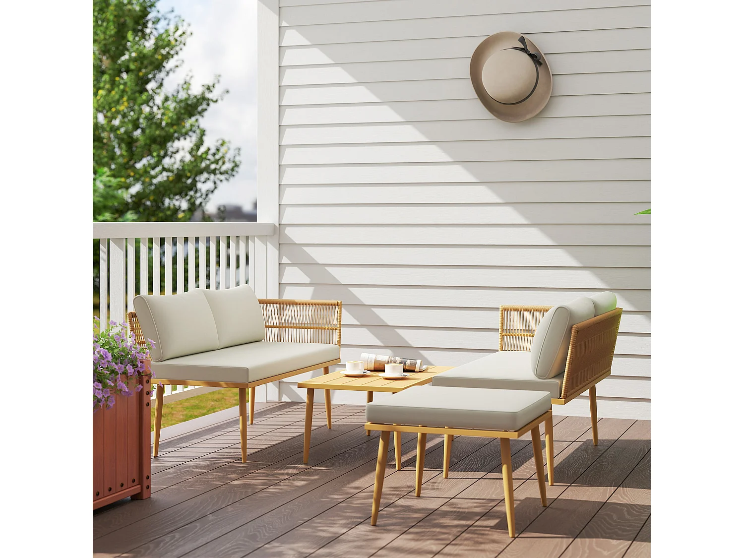 Salon De Jardin Extérieur En Résine Tressée 5 Places Modulable – 2 Canapés, Pouf, Table Basse, Coussins Inclus, Crème