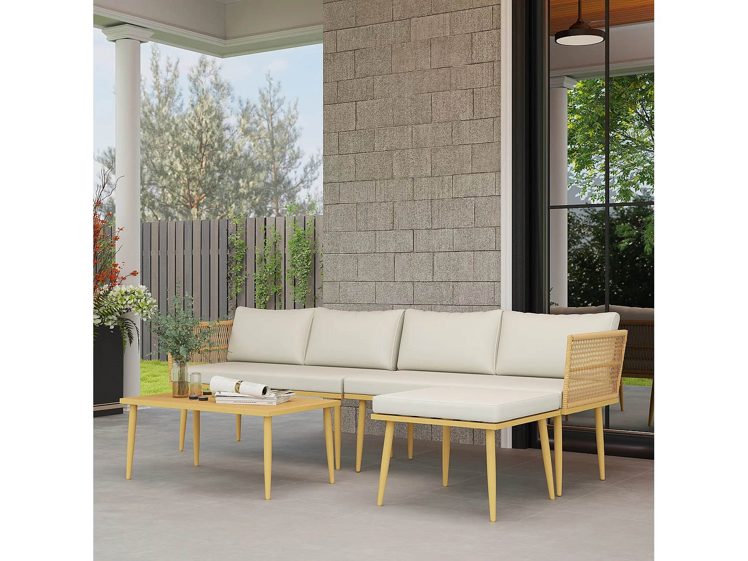 Salon De Jardin Extérieur En Résine Tressée 5 Places Modulable – 2 Canapés, Pouf, Table Basse, Coussins Inclus, Crème