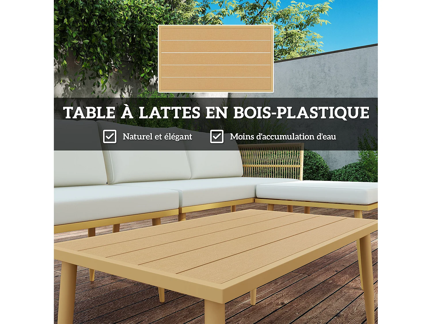Salon De Jardin Extérieur En Résine Tressée 5 Places Modulable – 2 Canapés, Pouf, Table Basse, Coussins Inclus, Crème