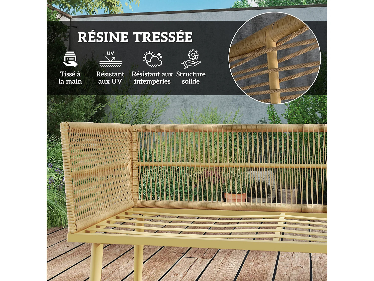 Salon De Jardin Extérieur En Résine Tressée 5 Places Modulable – 2 Canapés, Pouf, Table Basse, Coussins Inclus, Crème