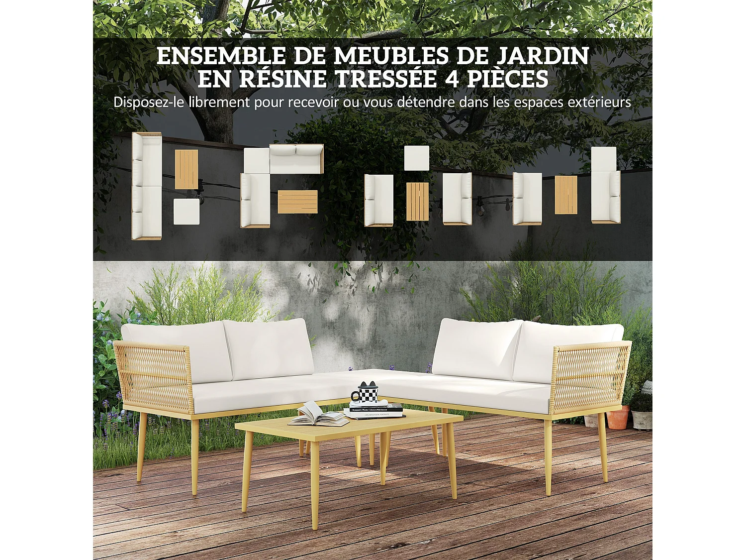 Salon De Jardin Extérieur En Résine Tressée 5 Places Modulable – 2 Canapés, Pouf, Table Basse, Coussins Inclus, Crème