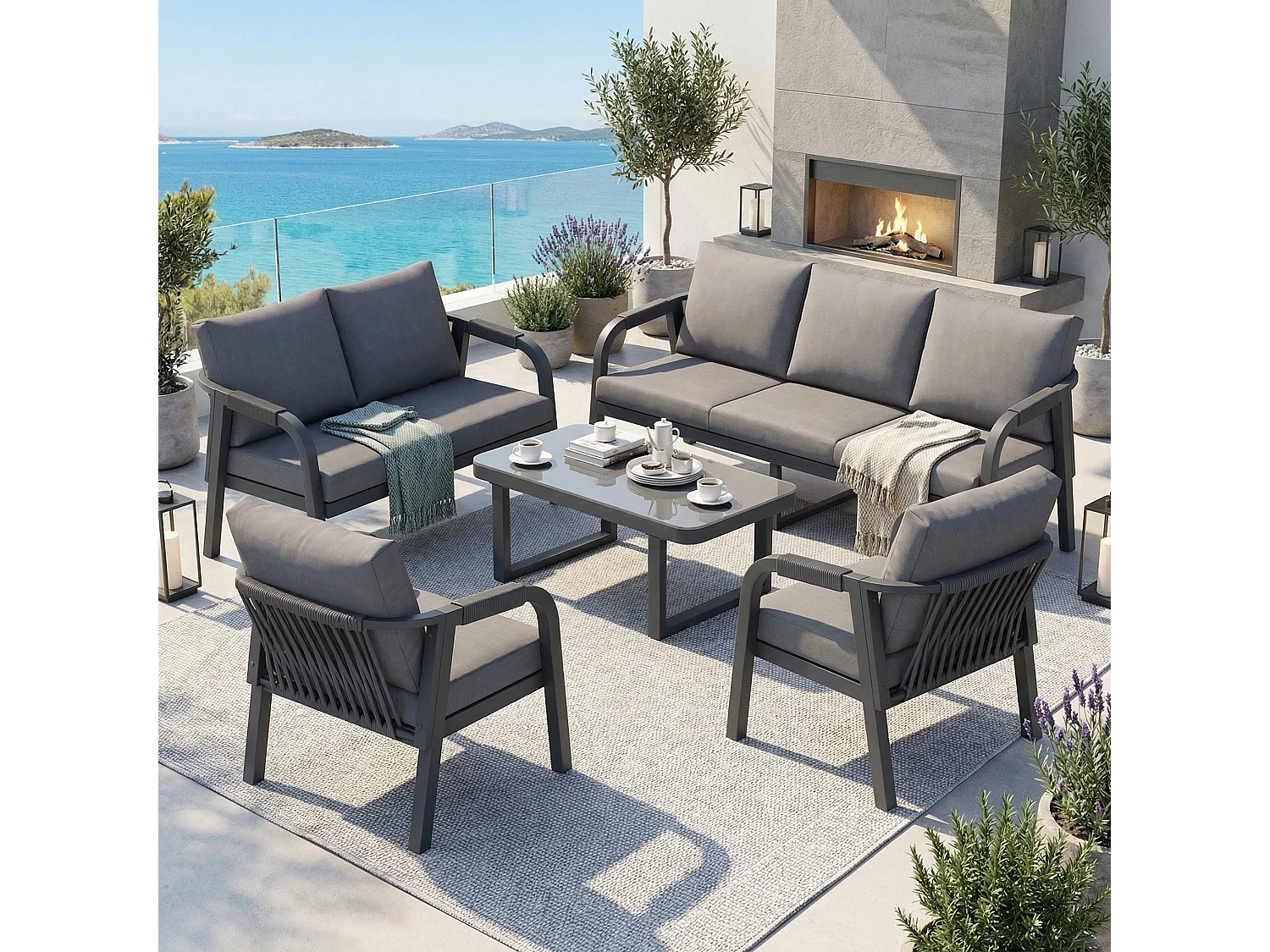 Grand salon de jardin 7 places – Canapé 3P + 2P + 2 fauteuils – Table verre – Structure fer galvanisé – Tressage corde – Gris