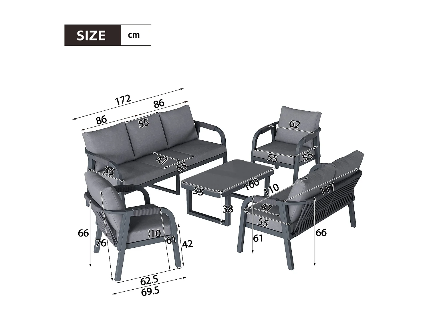 Grand salon de jardin 7 places – Canapé 3P + 2P + 2 fauteuils – Table verre – Structure fer galvanisé – Tressage corde – Gris