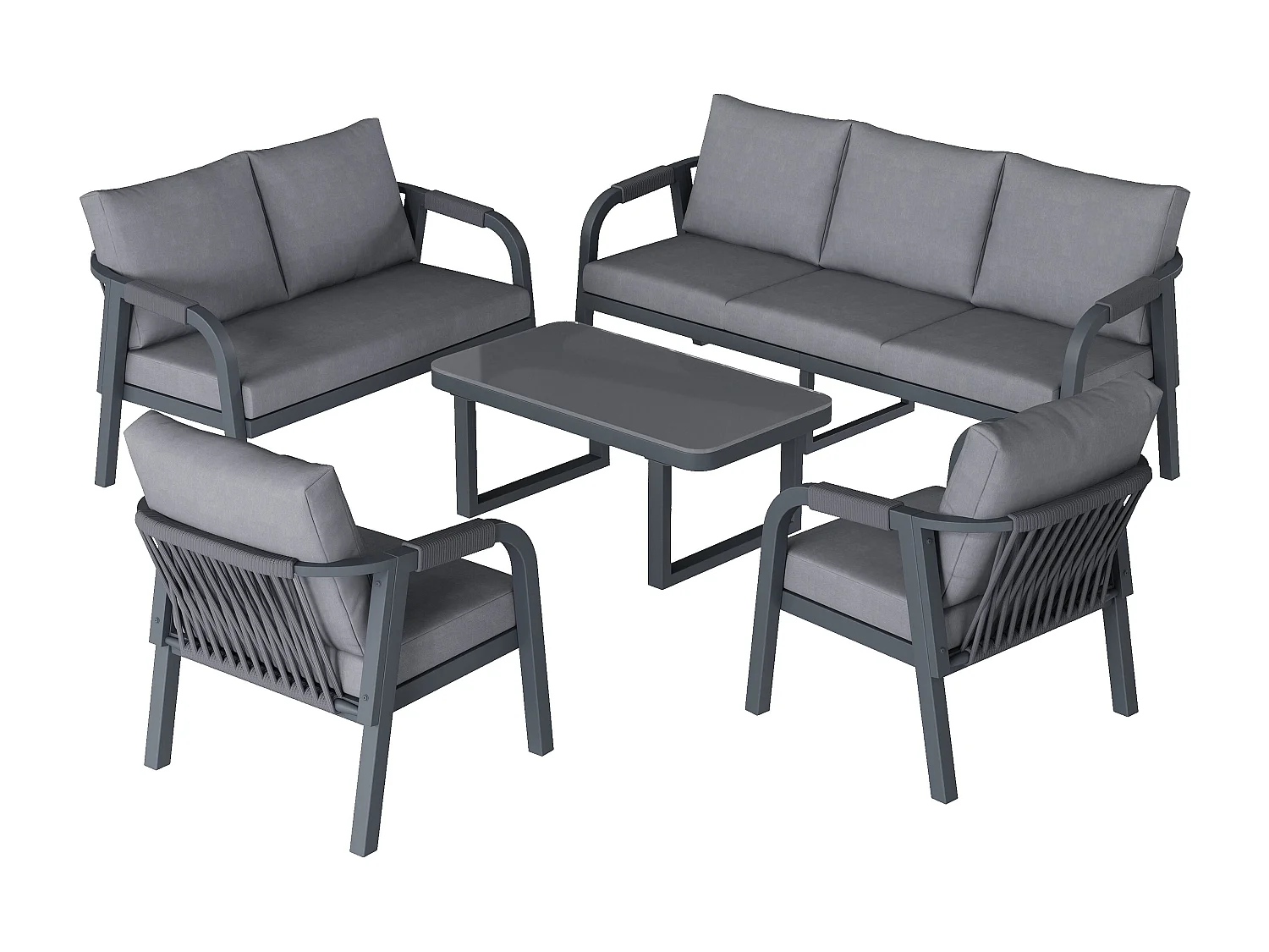 Grand salon de jardin 7 places – Canapé 3P + 2P + 2 fauteuils – Table verre – Structure fer galvanisé – Tressage corde – Gris