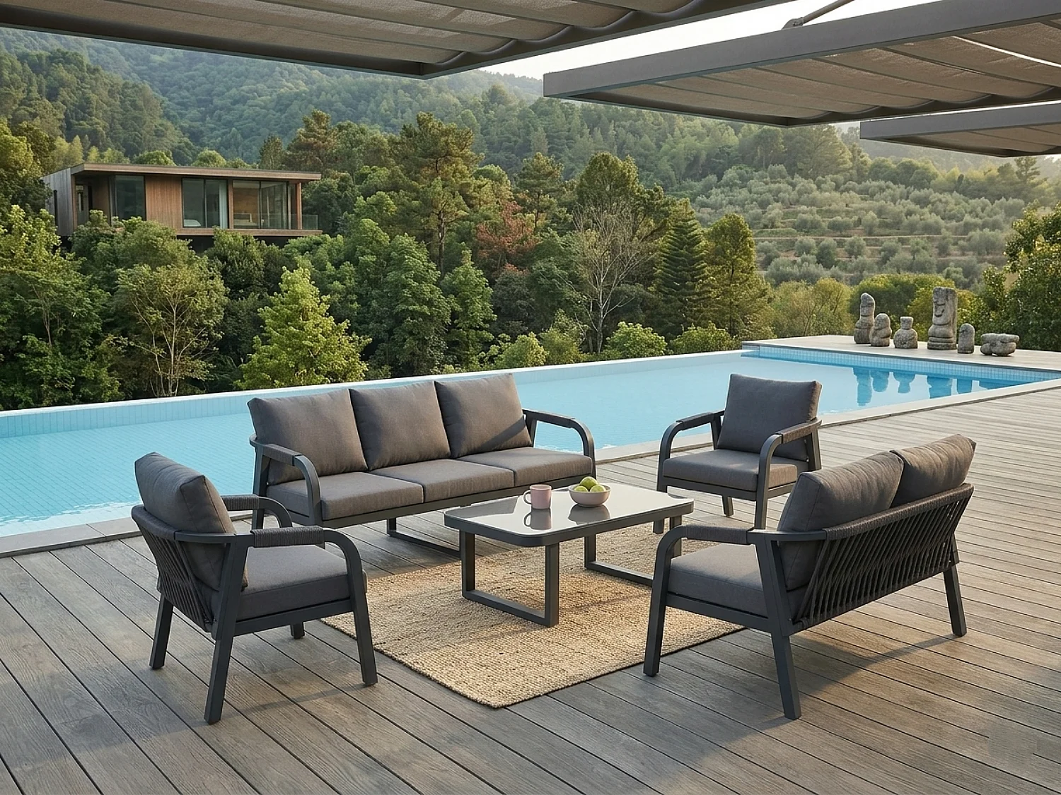 Grand salon de jardin 7 places – Canapé 3P + 2P + 2 fauteuils – Table verre – Structure fer galvanisé – Tressage corde – Gris