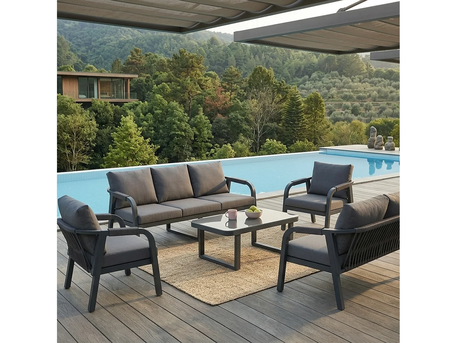 Grand salon de jardin 7 places – Canapé 3P + 2P + 2 fauteuils – Table verre – Structure fer galvanisé – Tressage corde – Gris