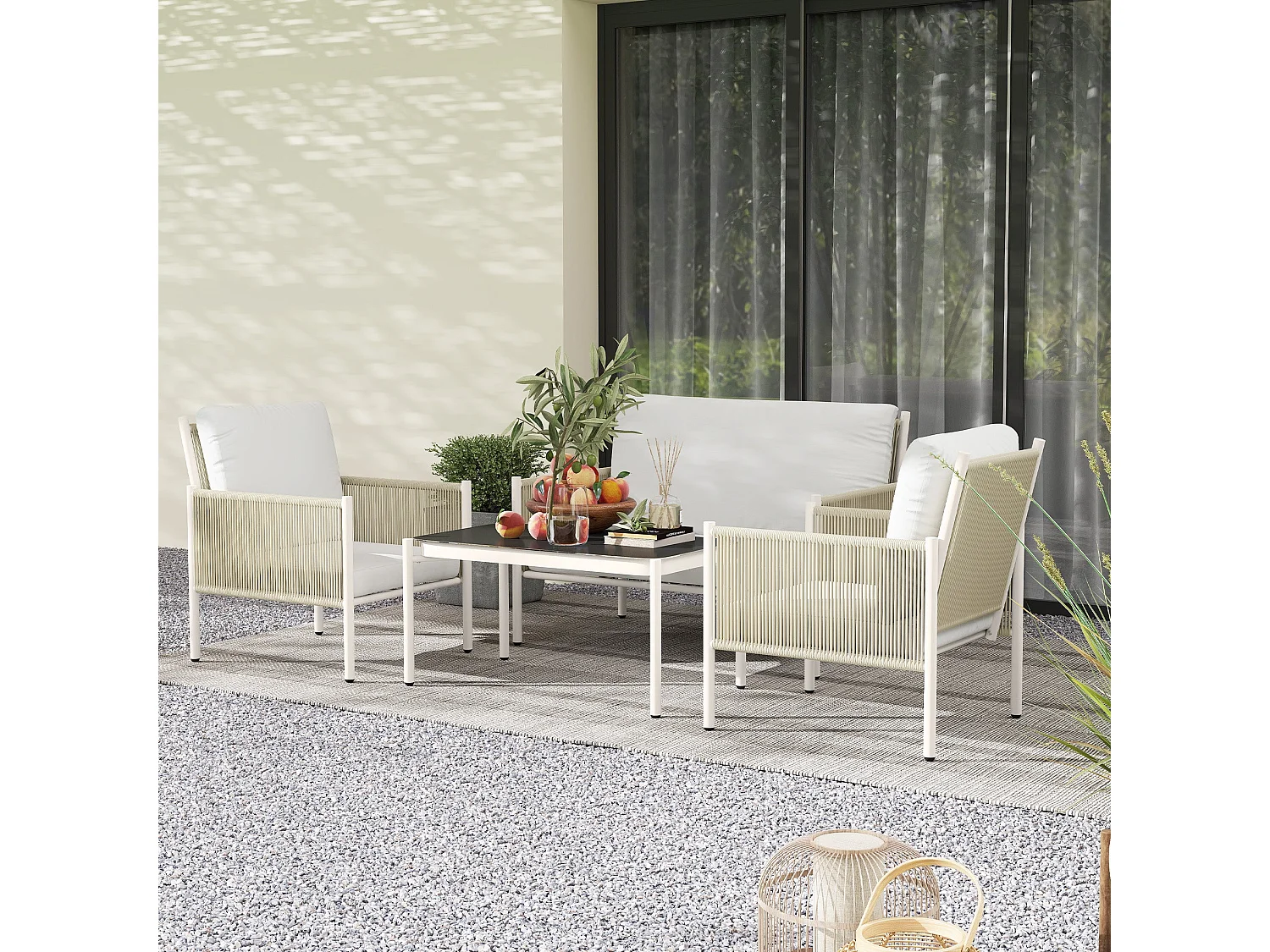 Salon De Jardin Avec Canapé 2 Places, Fauteuils, Table En Verre Et Coussins Pour 4 Personnes – Brun + Gris