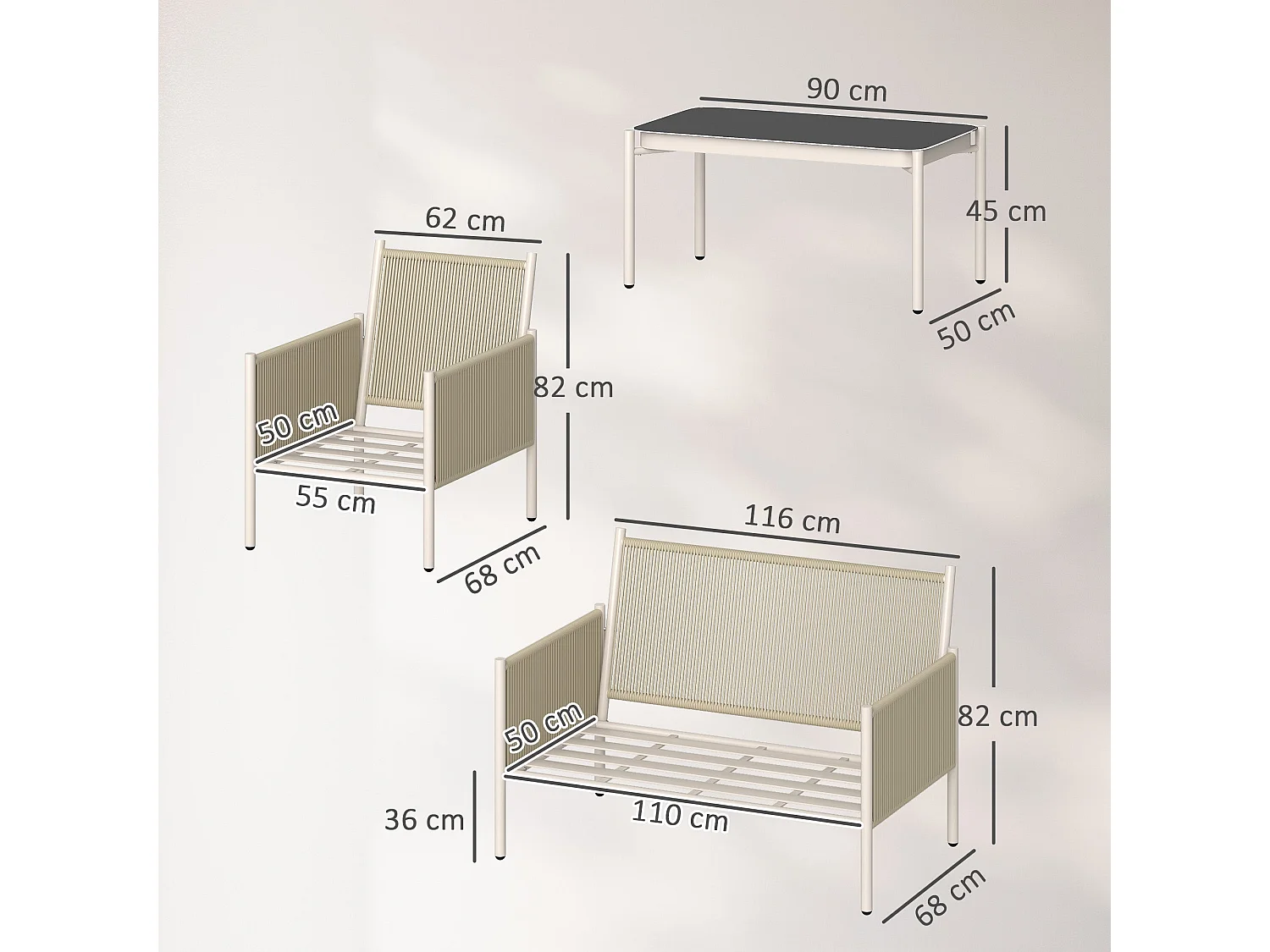 Salon De Jardin Avec Canapé 2 Places, Fauteuils, Table En Verre Et Coussins Pour 4 Personnes – Brun + Gris