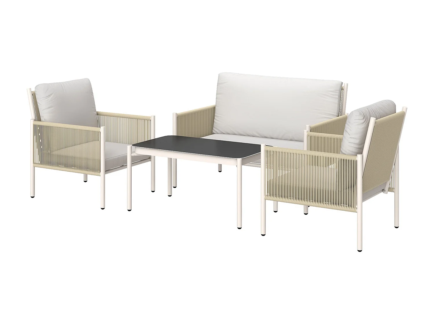 Salon De Jardin Avec Canapé 2 Places, Fauteuils, Table En Verre Et Coussins Pour 4 Personnes – Brun + Gris