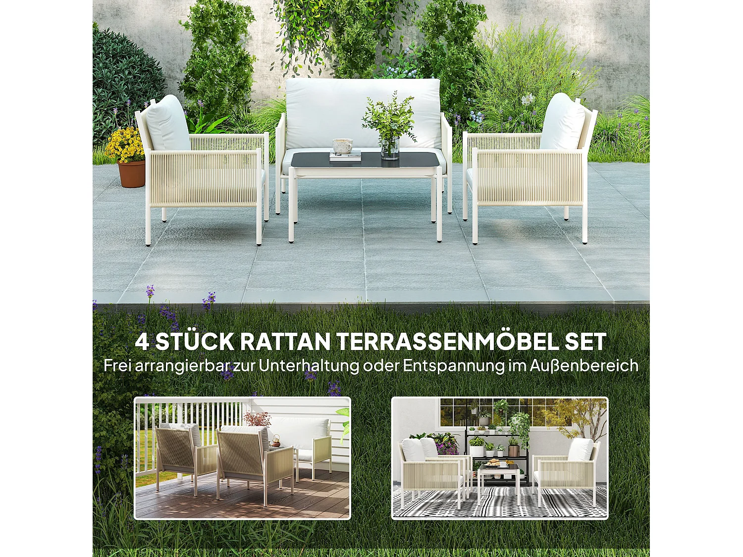 Salon De Jardin Avec Canapé 2 Places, Fauteuils, Table En Verre Et Coussins Pour 4 Personnes – Brun + Gris