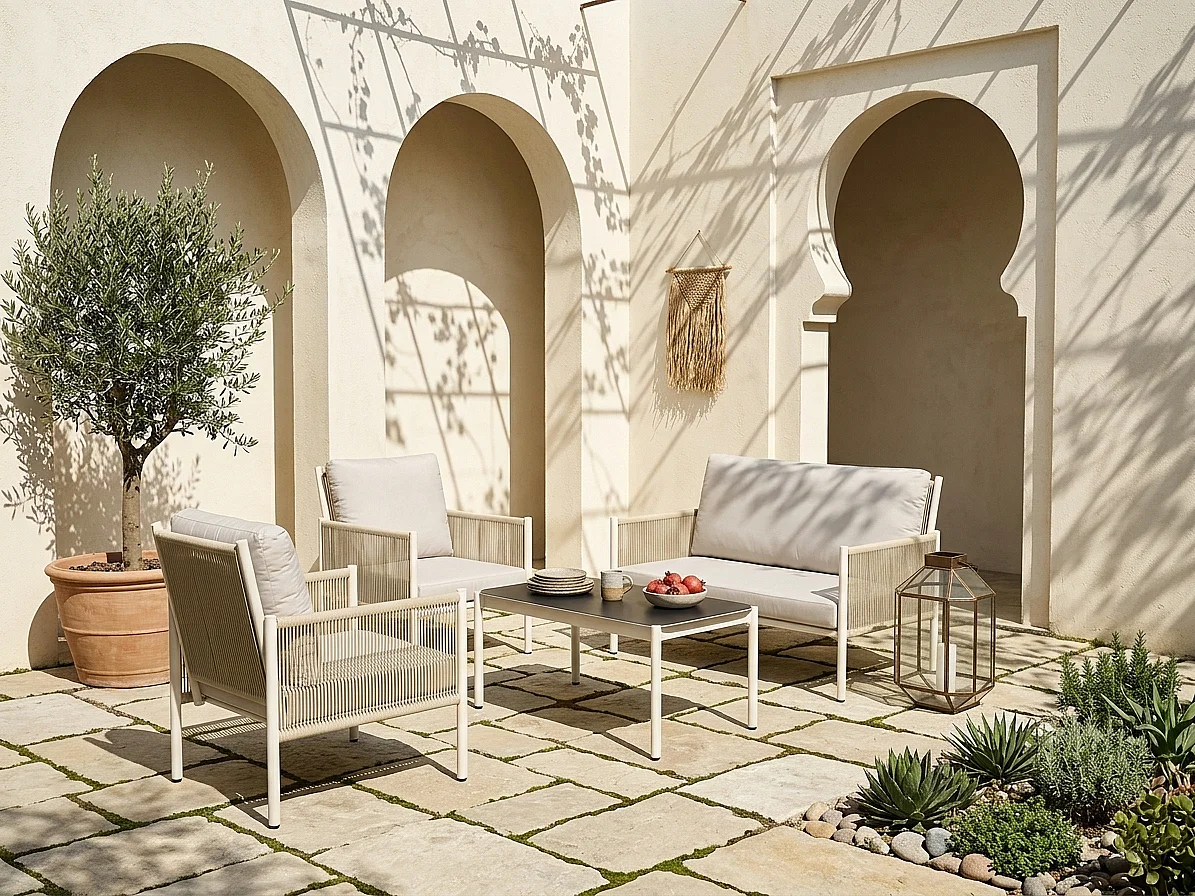 Salon De Jardin Avec Canapé 2 Places, Fauteuils, Table En Verre Et Coussins Pour 4 Personnes – Brun + Gris