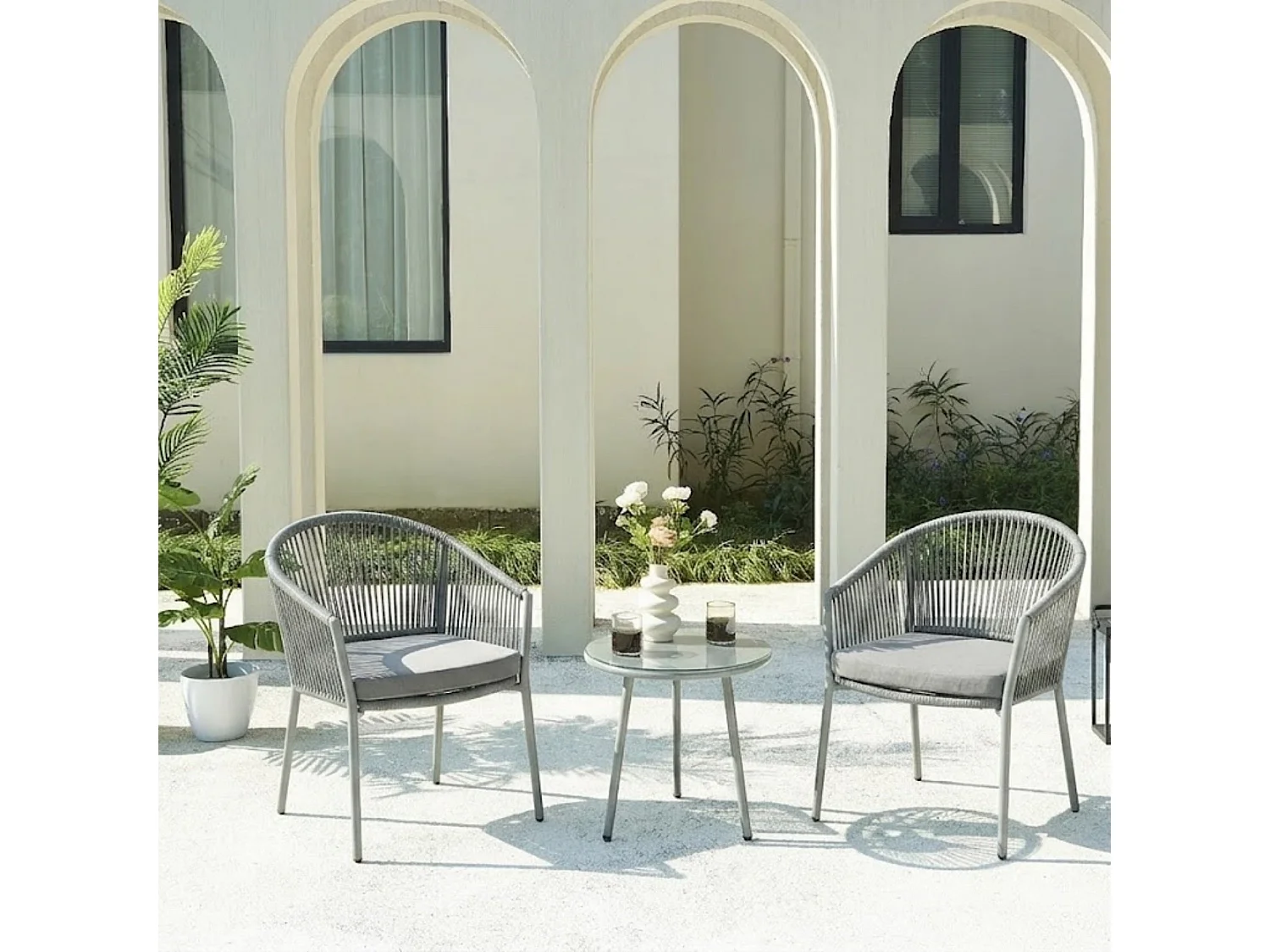 Salon De Jardin en Rotin 2 Fauteuils + Table Avec Plateau Verre, Résistant Aux Intempéries, Gris