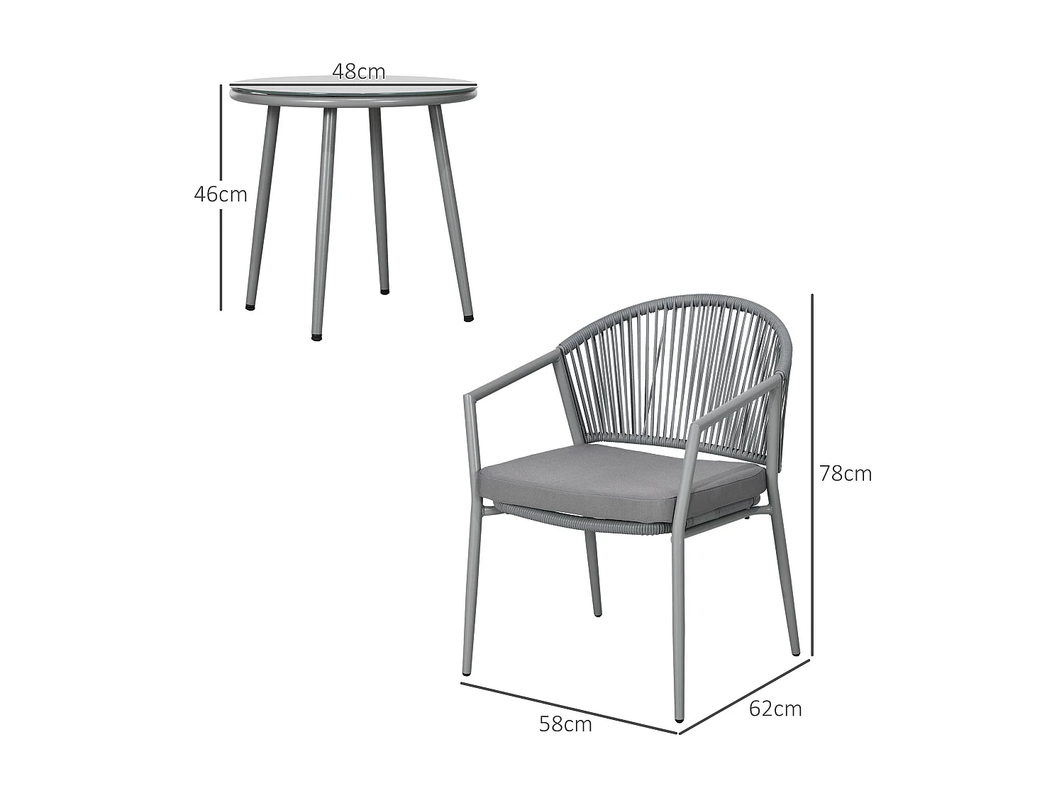 Salon De Jardin en Rotin 2 Fauteuils + Table Avec Plateau Verre, Résistant Aux Intempéries, Gris