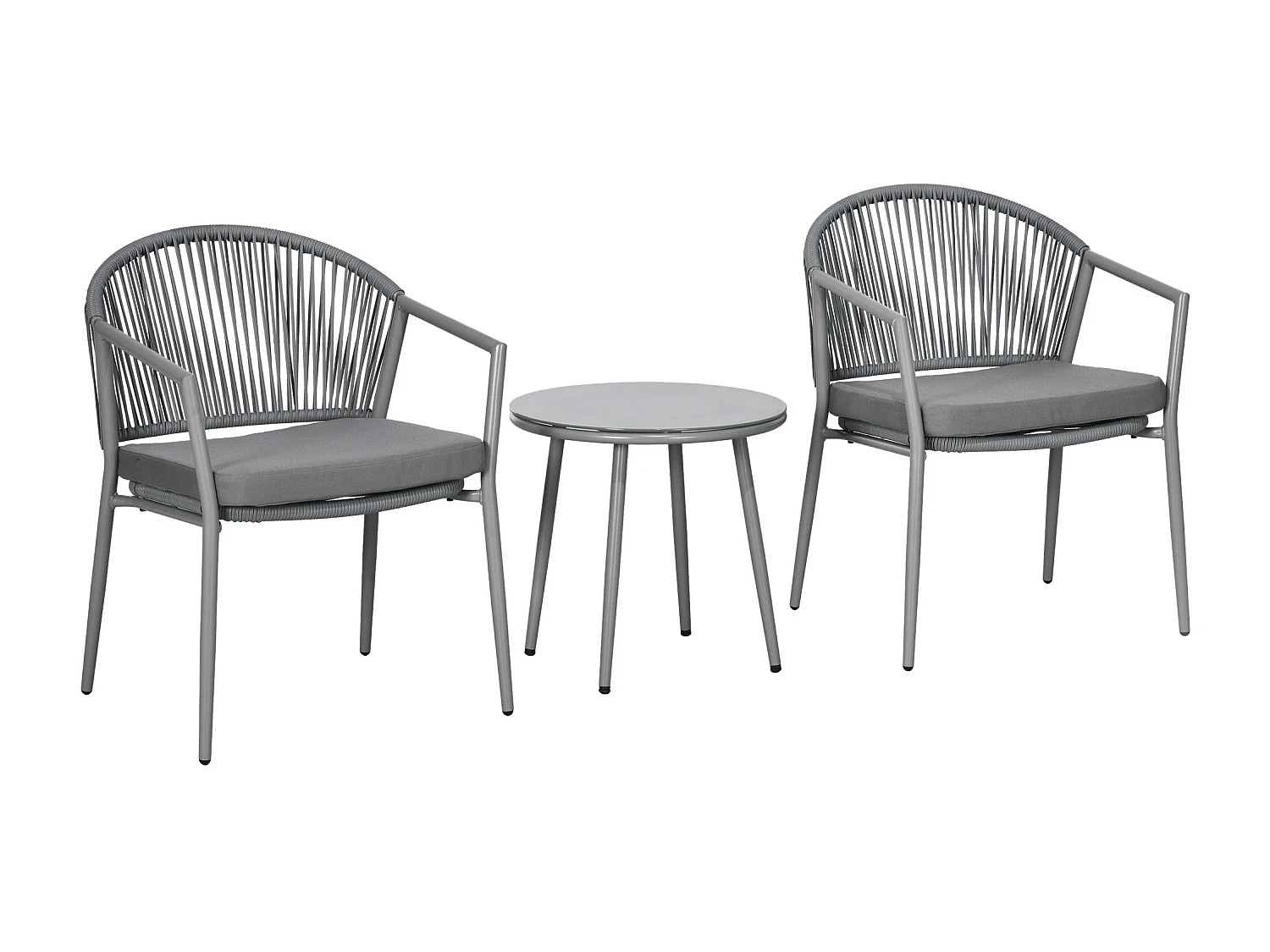 Salon De Jardin en Rotin 2 Fauteuils + Table Avec Plateau Verre, Résistant Aux Intempéries, Gris