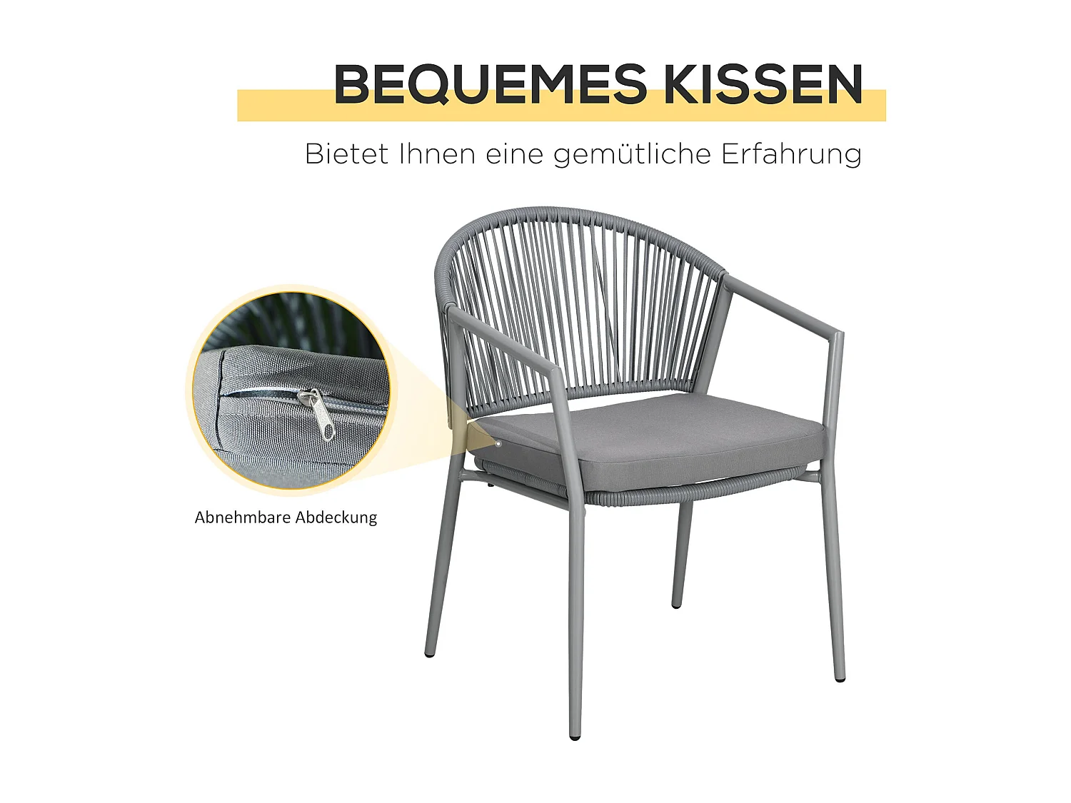 Salon De Jardin en Rotin 2 Fauteuils + Table Avec Plateau Verre, Résistant Aux Intempéries, Gris