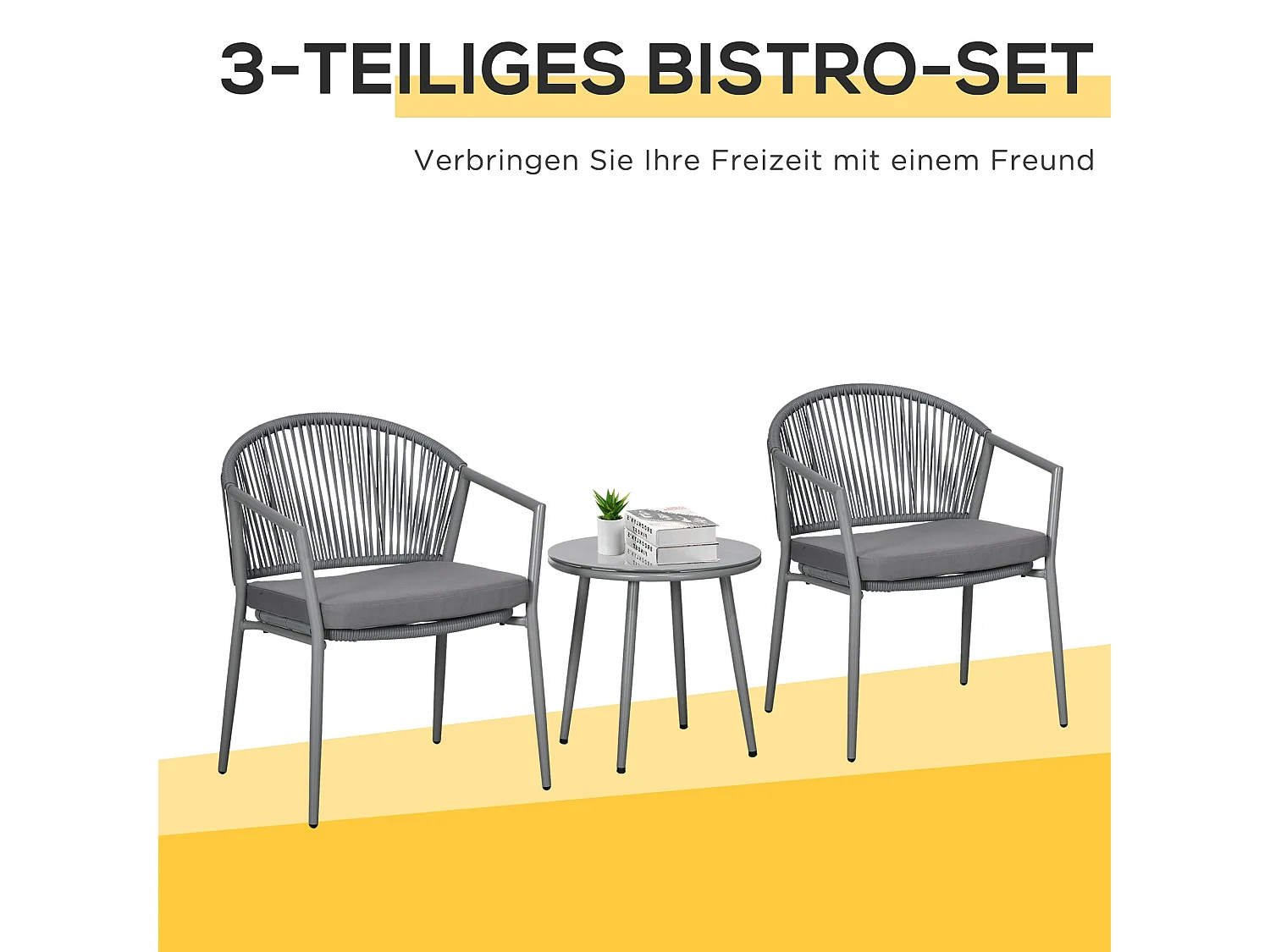 Salon De Jardin en Rotin 2 Fauteuils + Table Avec Plateau Verre, Résistant Aux Intempéries, Gris