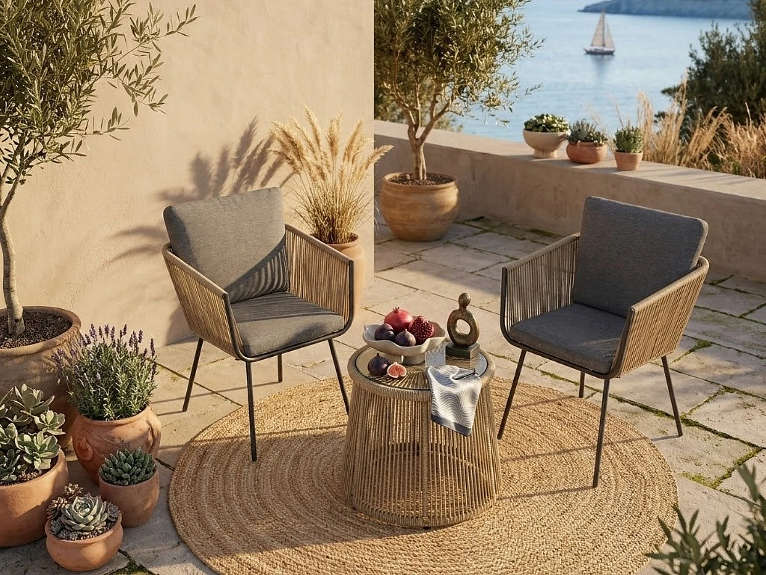 Salon De Jardin en Rotin,3 Pièces – 2 Chaises + Table Avec Plateau Verre –  Gris
