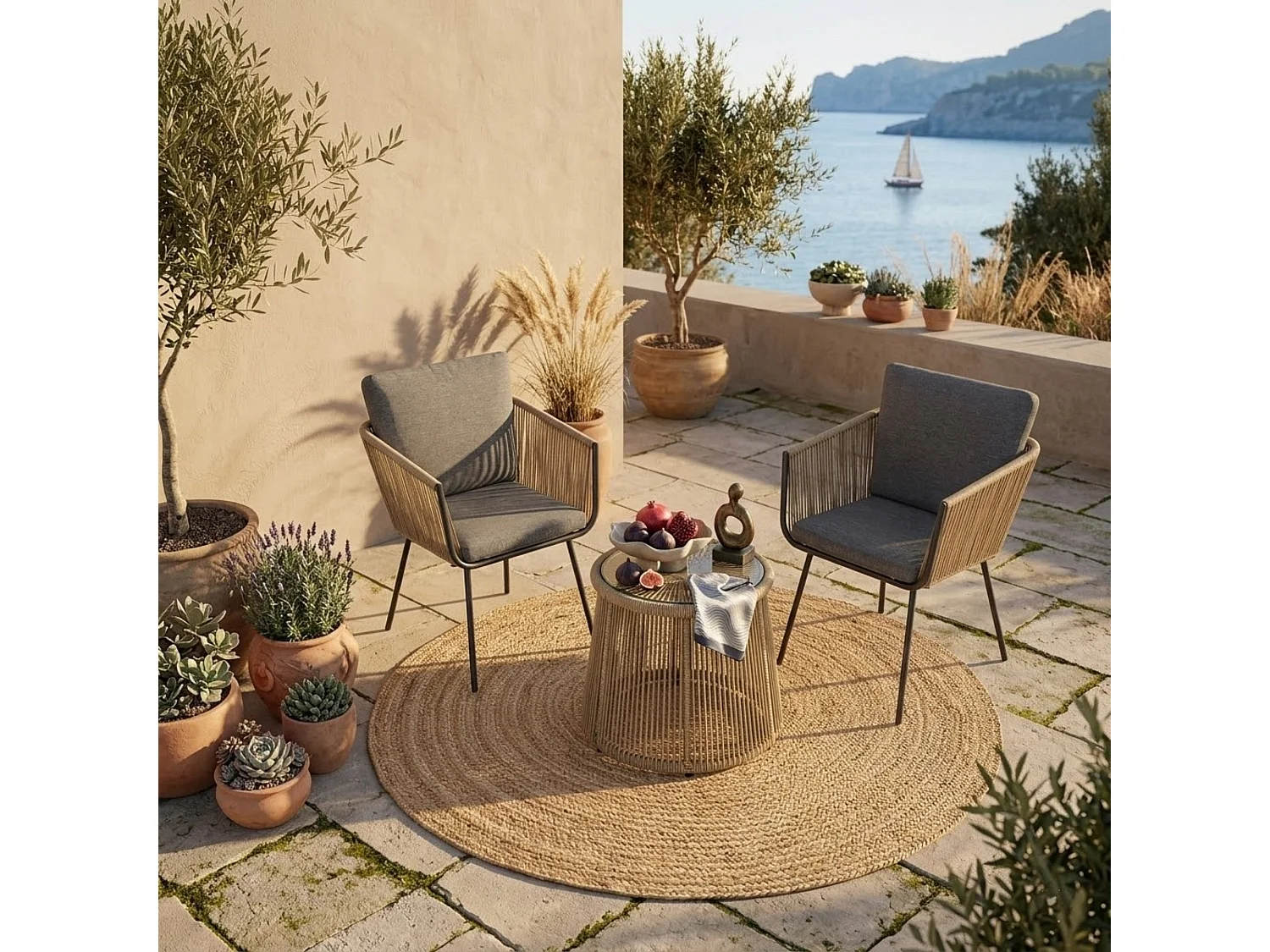 Salon De Jardin en Rotin,3 Pièces – 2 Chaises + Table Avec Plateau Verre –  Gris