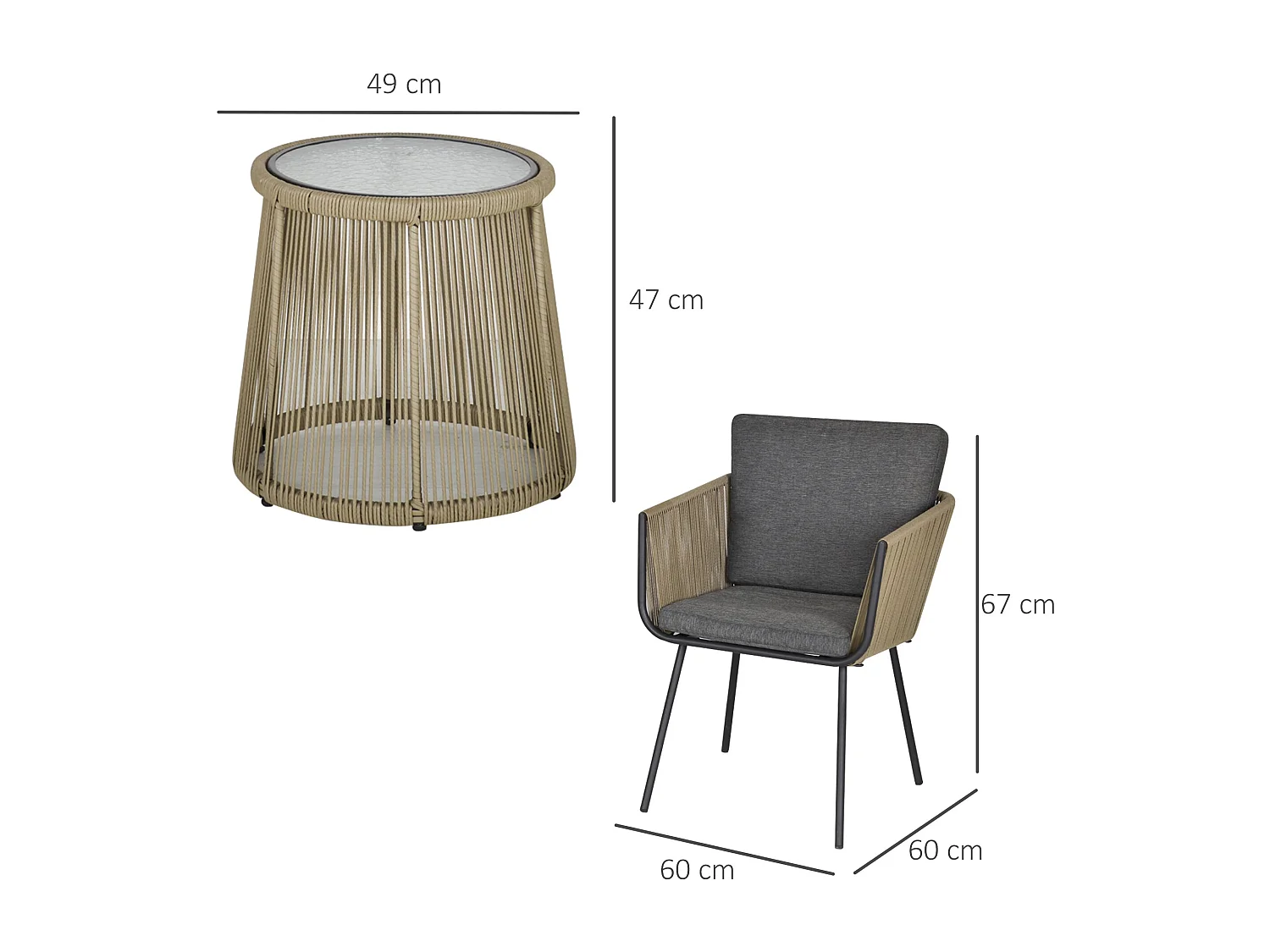 Salon De Jardin en Rotin,3 Pièces – 2 Chaises + Table Avec Plateau Verre –  Gris