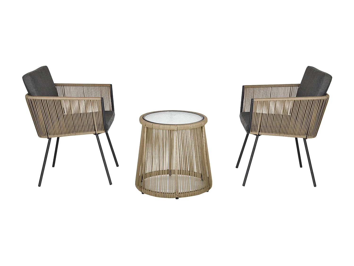 Salon De Jardin en Rotin,3 Pièces – 2 Chaises + Table Avec Plateau Verre –  Gris