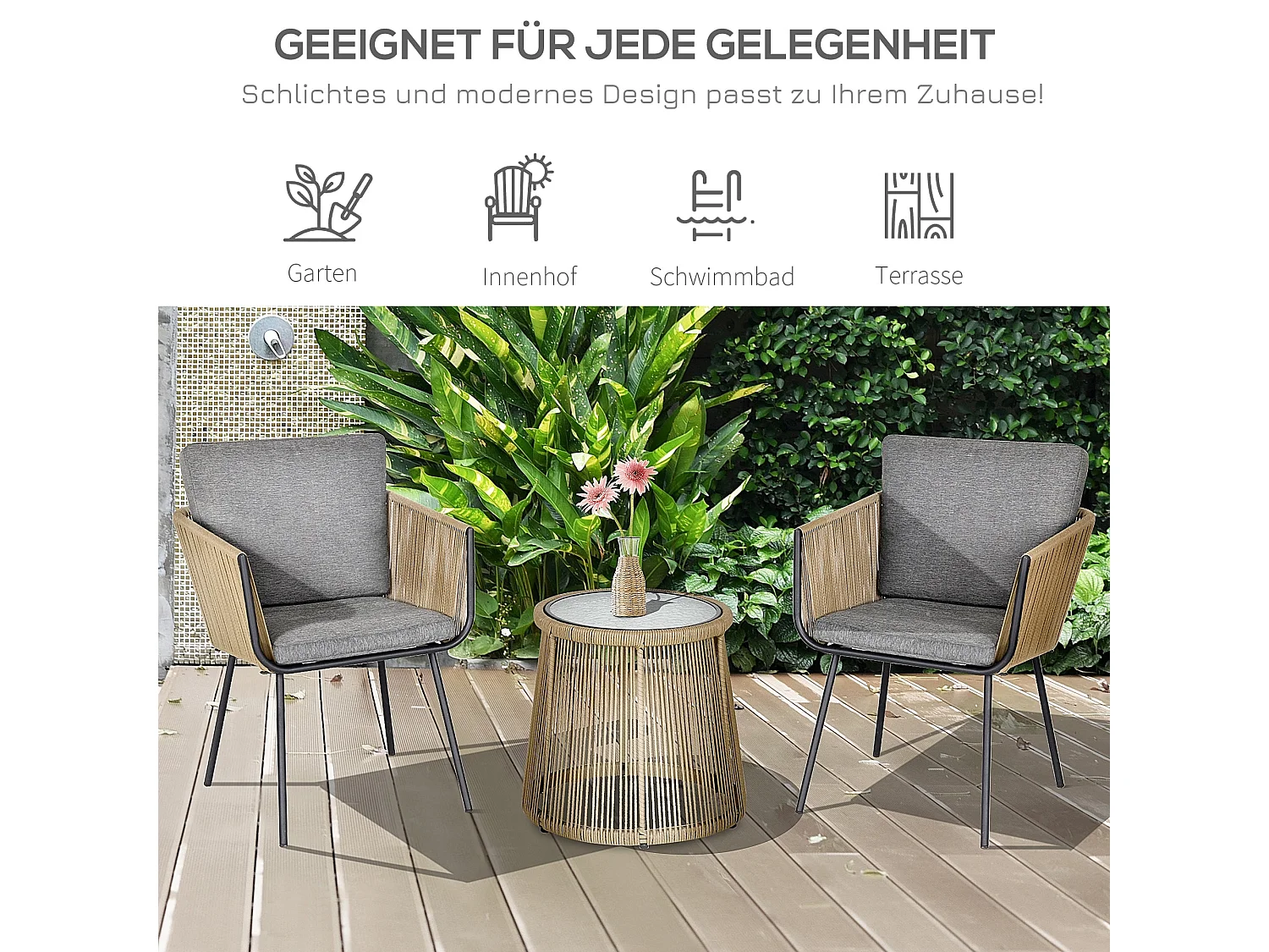 Salon De Jardin en Rotin,3 Pièces – 2 Chaises + Table Avec Plateau Verre –  Gris
