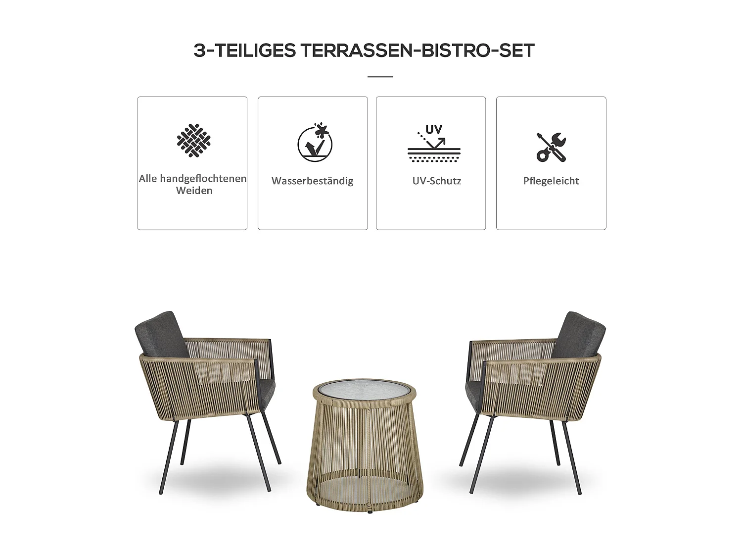 Salon De Jardin en Rotin,3 Pièces – 2 Chaises + Table Avec Plateau Verre –  Gris