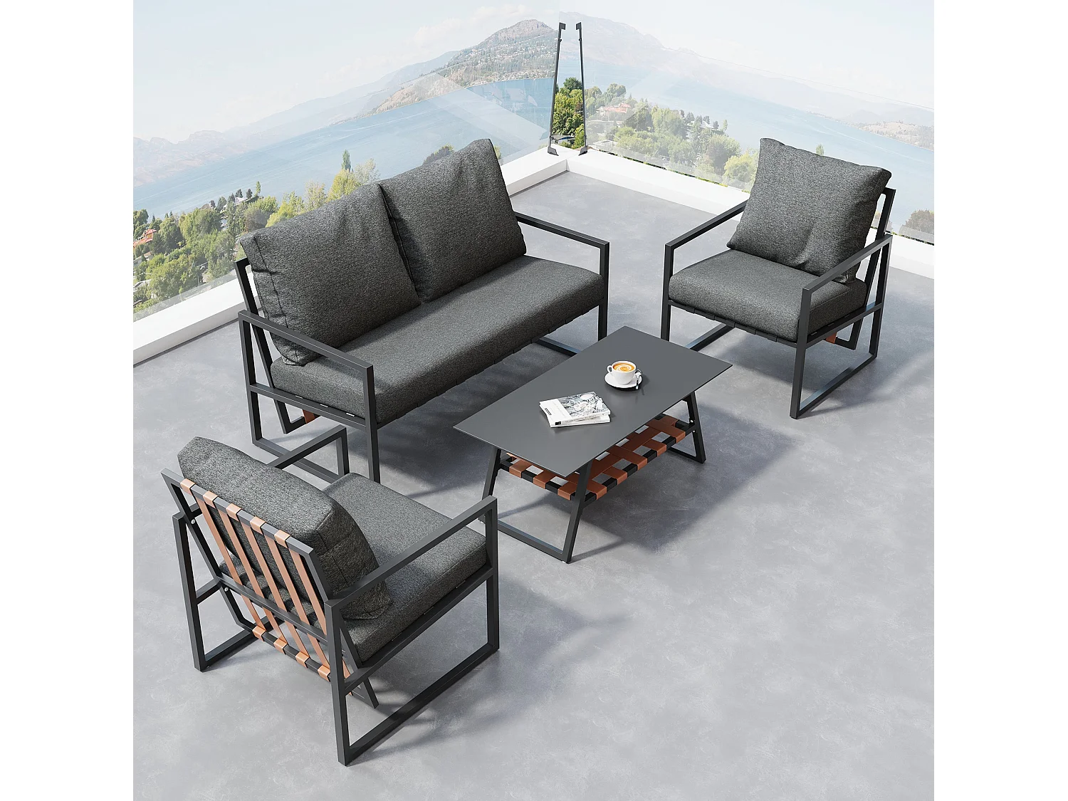 Salon de Jardin 4 Places – Canapé + Table Basse – Coussins Lavables – Structure Acier Galvanisé – Tressage PVC rétro – Noir