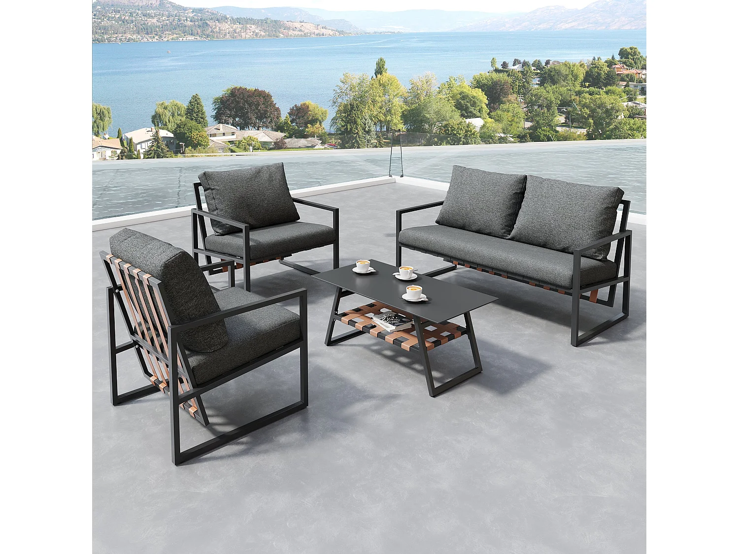 Salon de Jardin 4 Places – Canapé + Table Basse – Coussins Lavables – Structure Acier Galvanisé – Tressage PVC rétro – Noir