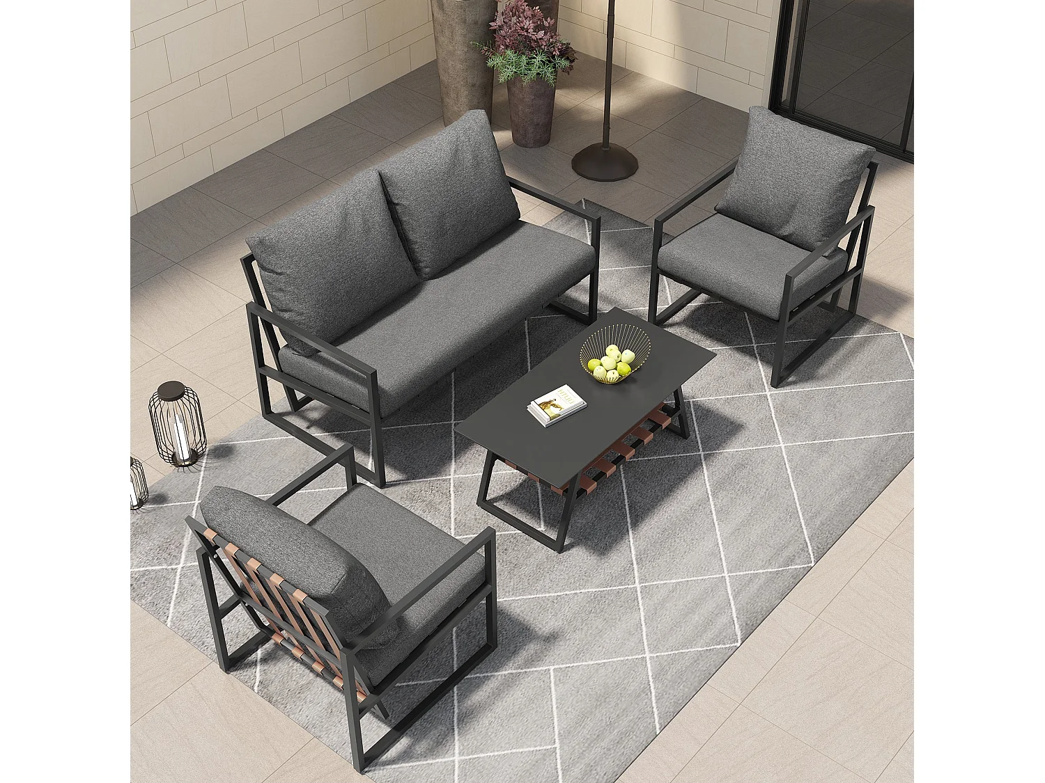 Salon de Jardin 4 Places – Canapé + Table Basse – Coussins Lavables – Structure Acier Galvanisé – Tressage PVC rétro – Noir