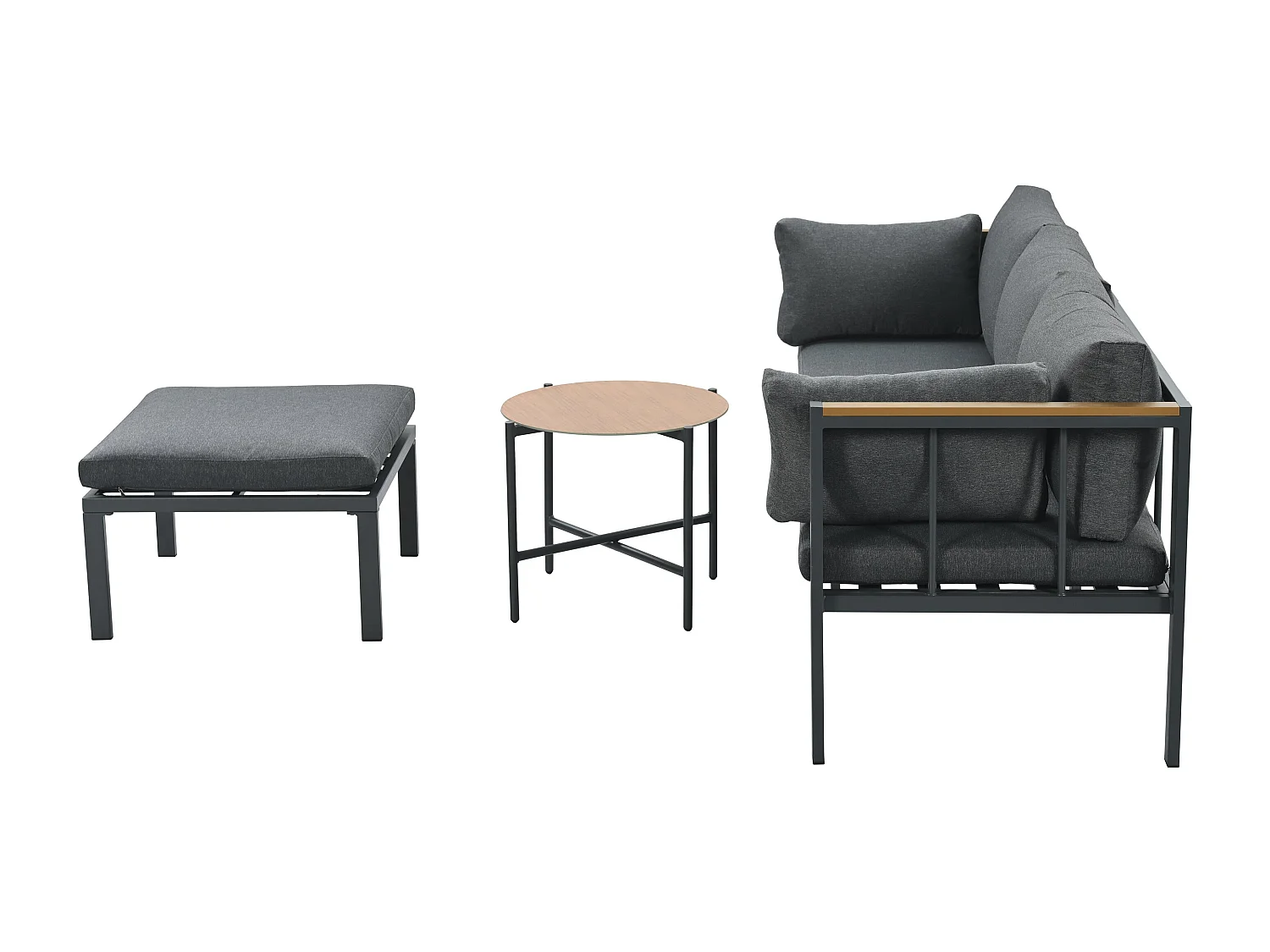 Salon de jardin d’angle – Canapé + Table Basse + Repose-Pieds – Acier Galvanisé – Plateau Verre Motif bois – Gris