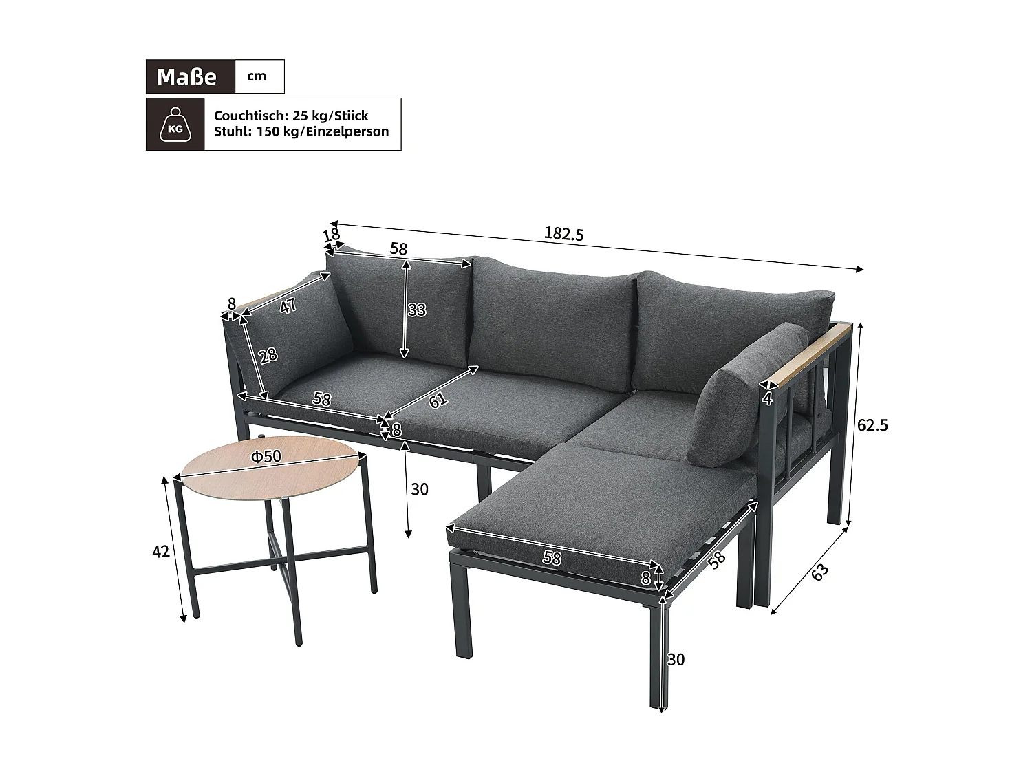 Salon de jardin d’angle – Canapé + Table Basse + Repose-Pieds – Acier Galvanisé – Plateau Verre Motif bois – Gris