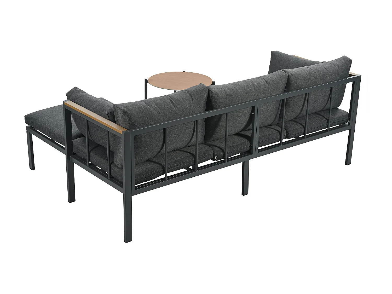 Salon de jardin d’angle – Canapé + Table Basse + Repose-Pieds – Acier Galvanisé – Plateau Verre Motif bois – Gris