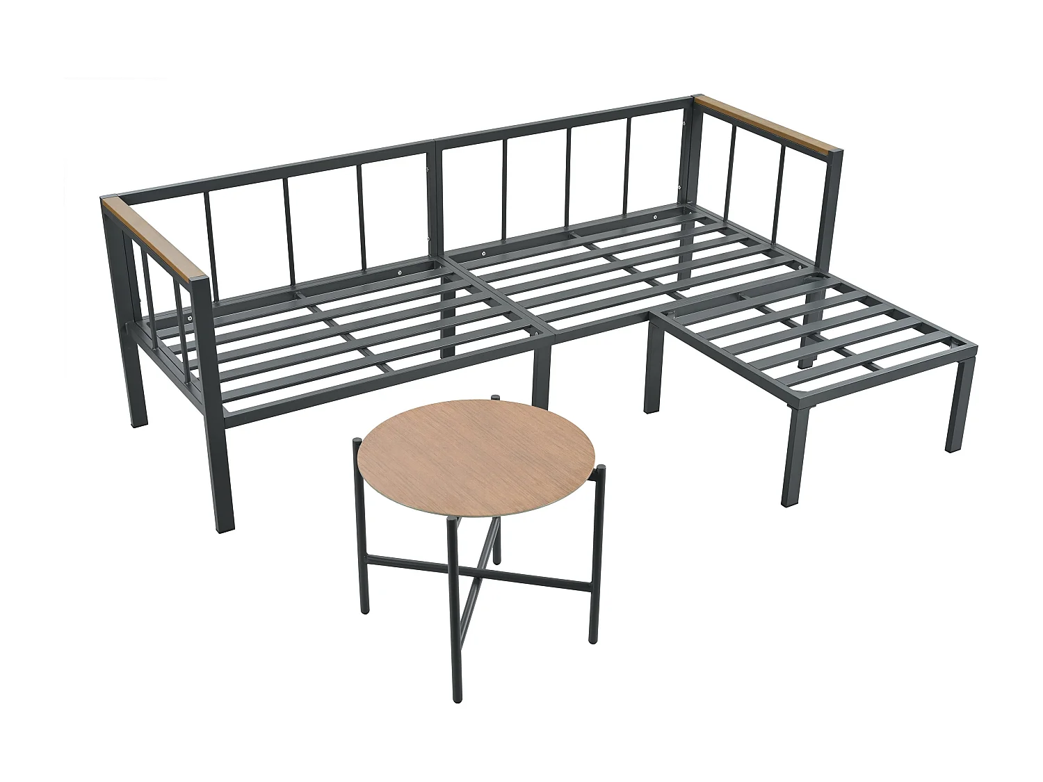 Salon de jardin d’angle – Canapé + Table Basse + Repose-Pieds – Acier Galvanisé – Plateau Verre Motif bois – Gris