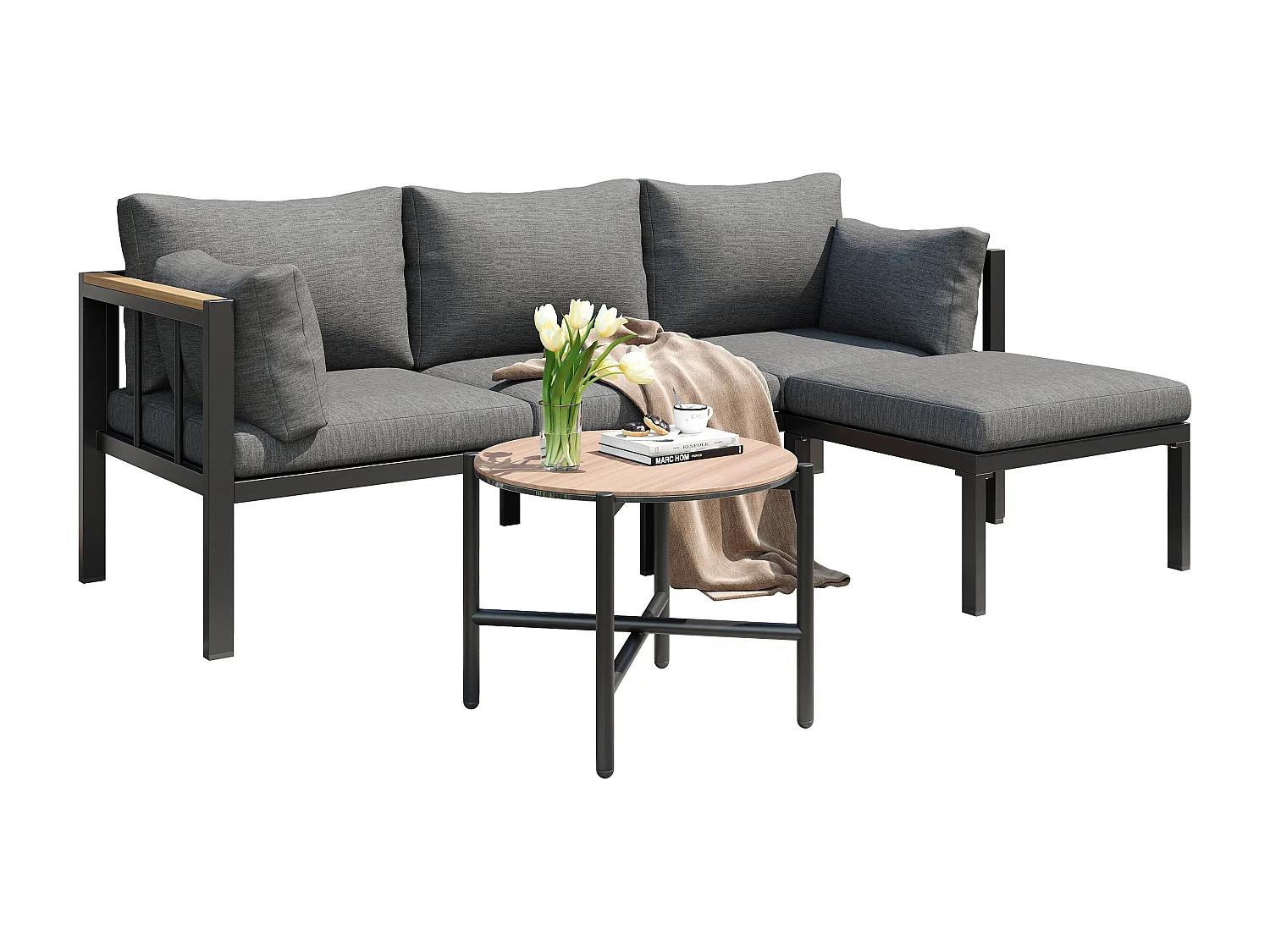 Salon de jardin d’angle – Canapé + Table Basse + Repose-Pieds – Acier Galvanisé – Plateau Verre Motif bois – Gris