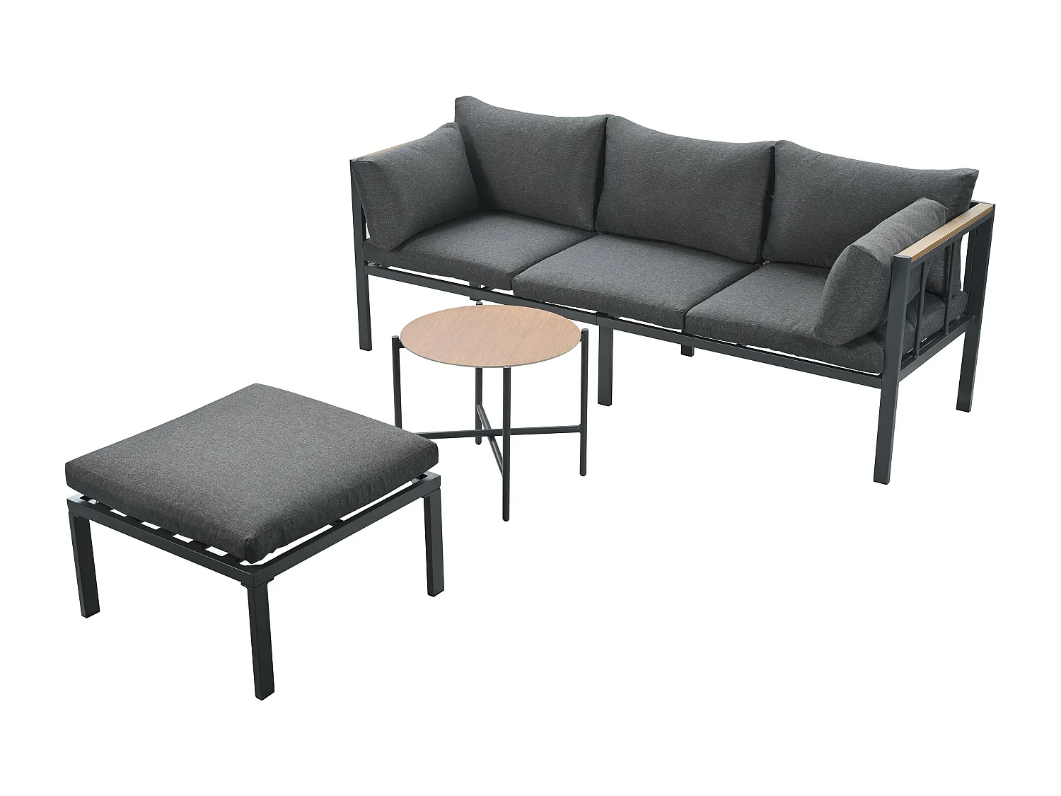 Salon de jardin d’angle – Canapé + Table Basse + Repose-Pieds – Acier Galvanisé – Plateau Verre Motif bois – Gris