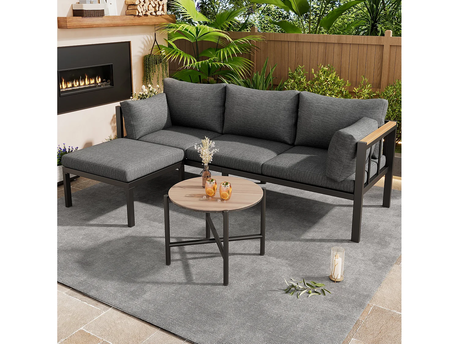 Salon de jardin d’angle – Canapé + Table Basse + Repose-Pieds – Acier Galvanisé – Plateau Verre Motif bois – Gris