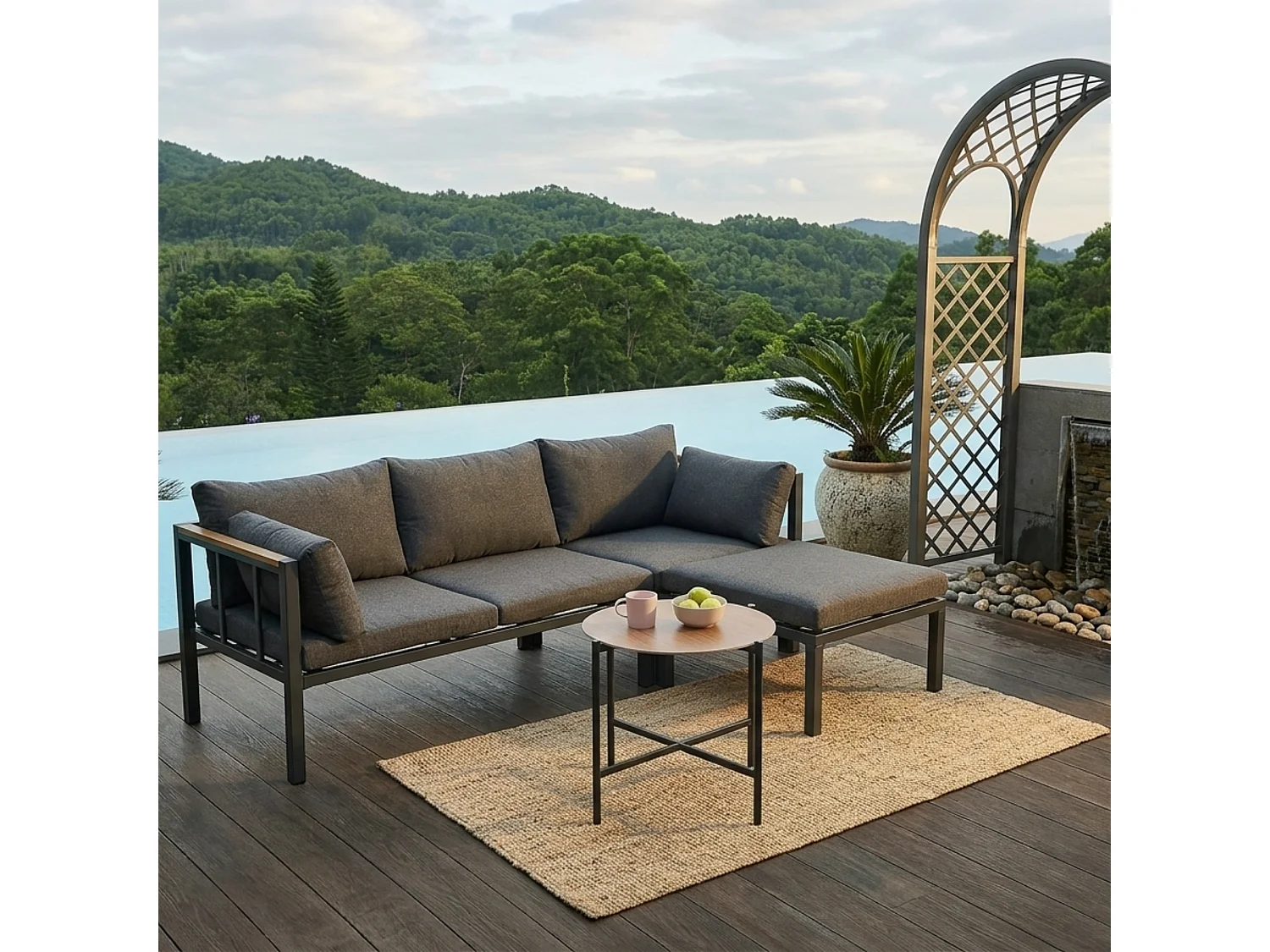 Salon de jardin d’angle – Canapé + Table Basse + Repose-Pieds – Acier Galvanisé – Plateau Verre Motif bois – Gris